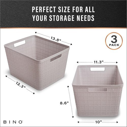 BINO Woven Plastic Basket - Large Natural Grey 3-Pack | Stylish Home Organization & Space-Saving Storage