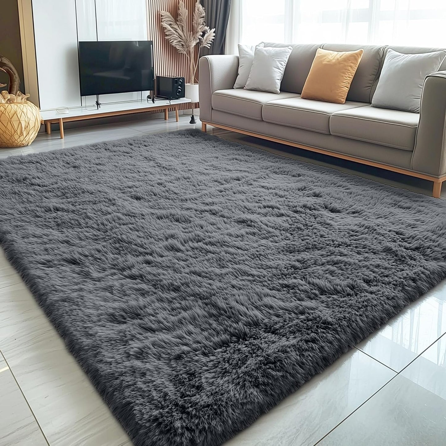 OLANLY 5x5 Area Rug - Soft, Fluffy Shaggy Design for Living Room & Bedroom | Machine Washable Grey Carpet