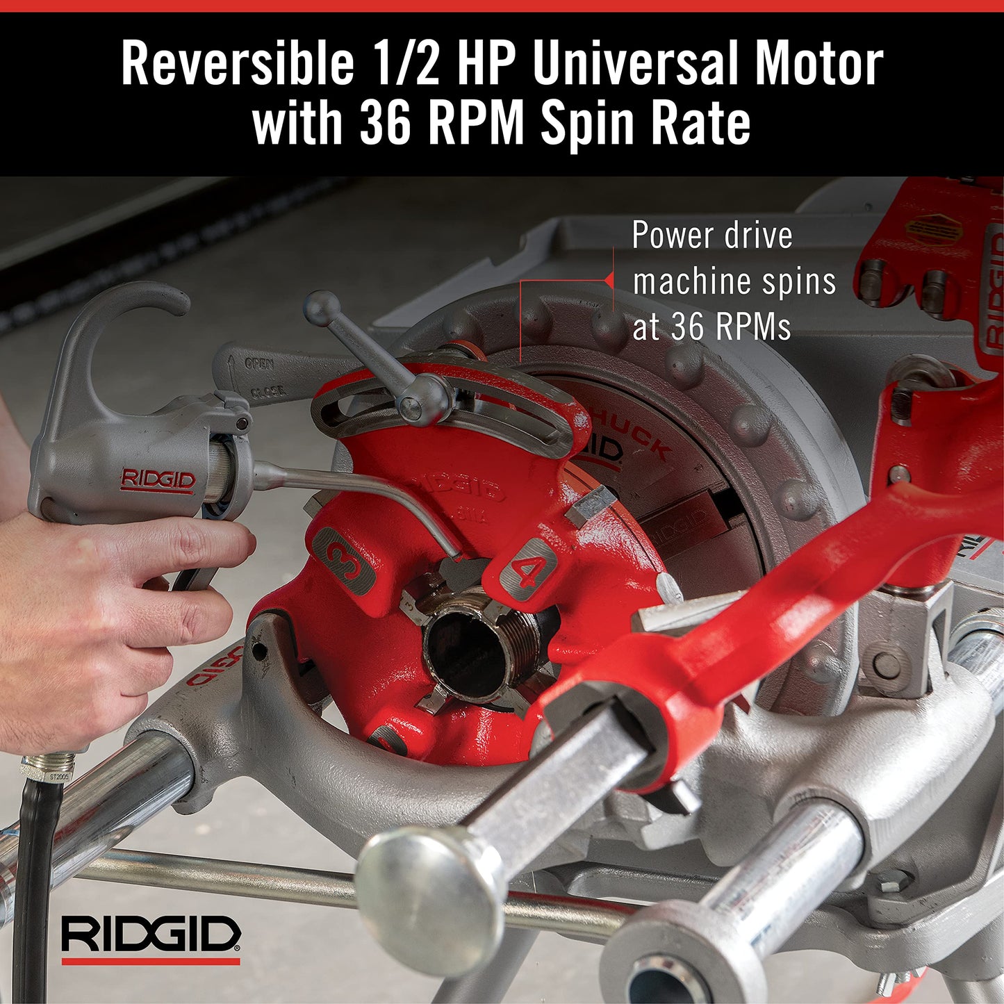 RIDGID 15682 Model 300 Power Drive Complete, 38 RPM Pipe Threading Machine with 1/2-Inch to 3/4-Inch, 1-Inch to 2-Inch Universal Alloy Threading Die Heads, Oiler