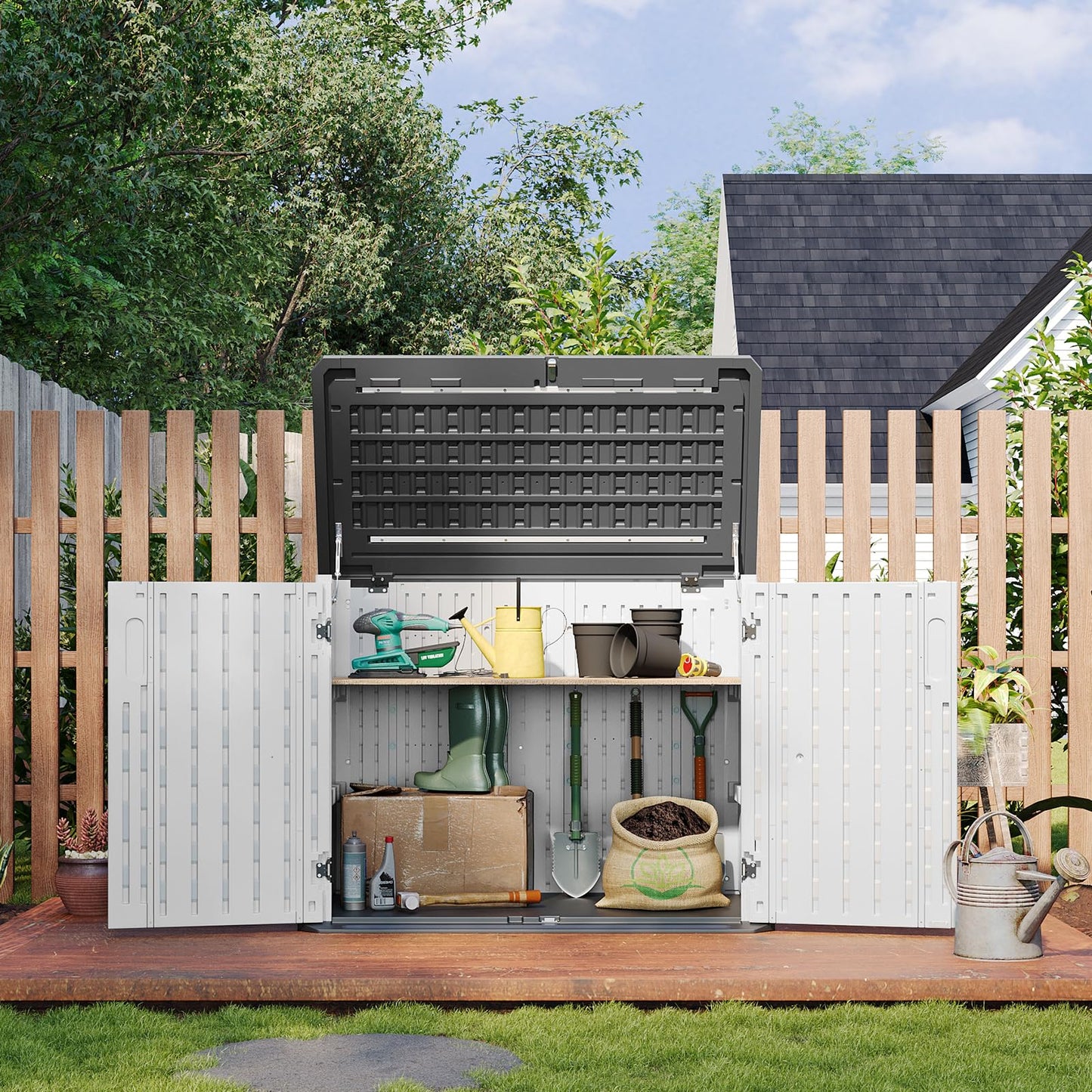 Aoxun Outdoor Storage Cabinet 35 Cu.Ft Resin Waterproof Horizontal Storage Shed for Garbage Bin, Generator, and Lawn Mower (White)