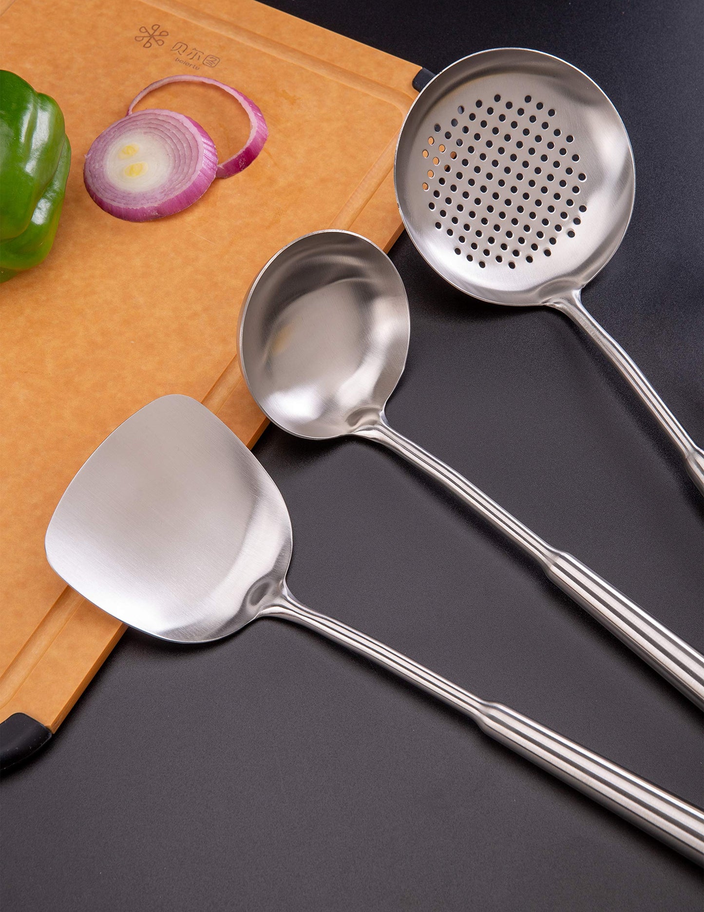 Wok spatula and ladle,Skimmer Ladle Tool Set, Chinese Wok Utensil Set, All metal 304 Stainless Steel Cooking Utensils(15in,15in,14in)