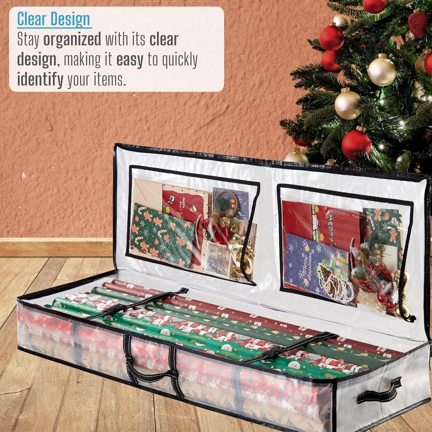 VENO Clear Wrapping Paper Organizer - 40-Inch Storage Box for Christmas Gift Bags & Holiday Accessories