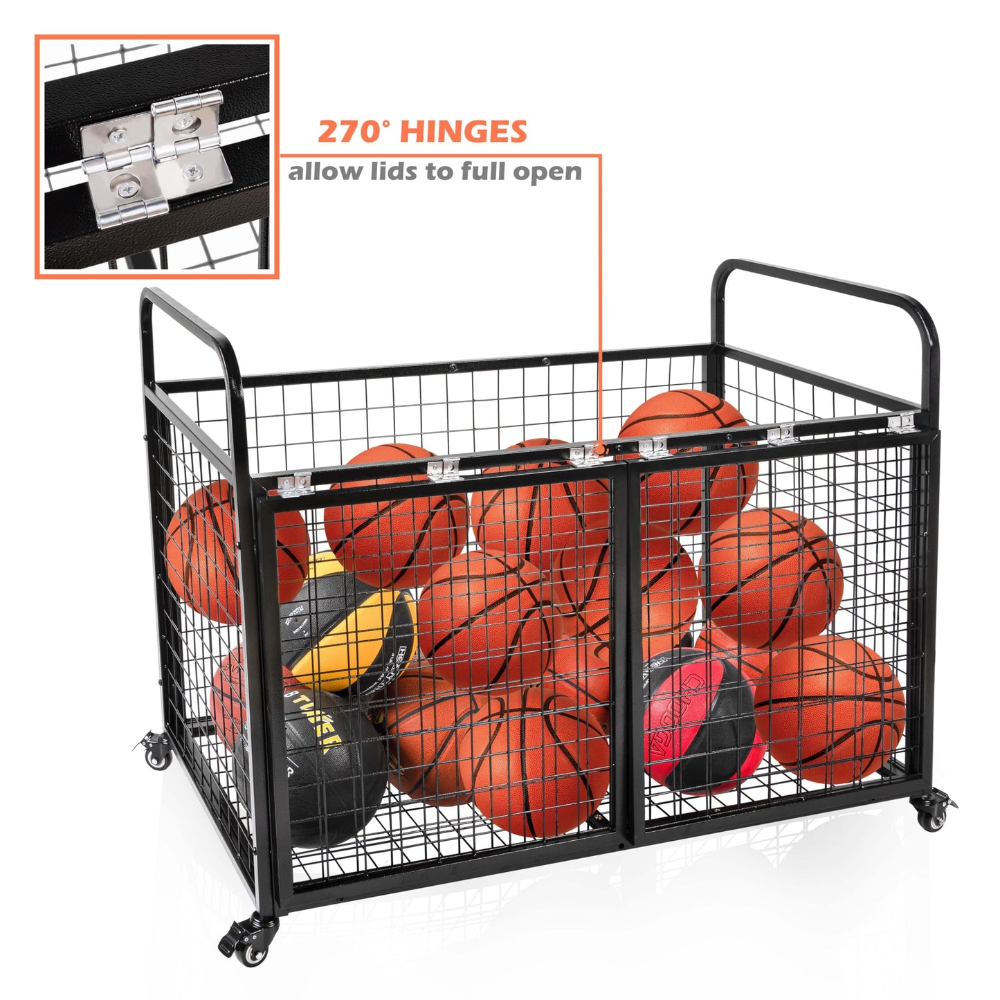 heodmaem Ball Cart Storage for Garage Compatible with Optional Divider, Extra Large Basketball Cage Bin for Indoor Outdoor, Heavy Duty Sports Equipment Organizer with Lockable Wheels for Gym, School