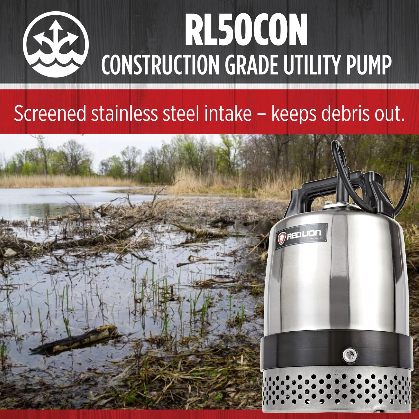 Red Lion RL50CON 115 Volt, 1/2-HP, 3600 GPH Heavy-Duty Stainless Steel Manual Submersible Utility Pump with 20-Foot Power Cord, Steel, 14942722