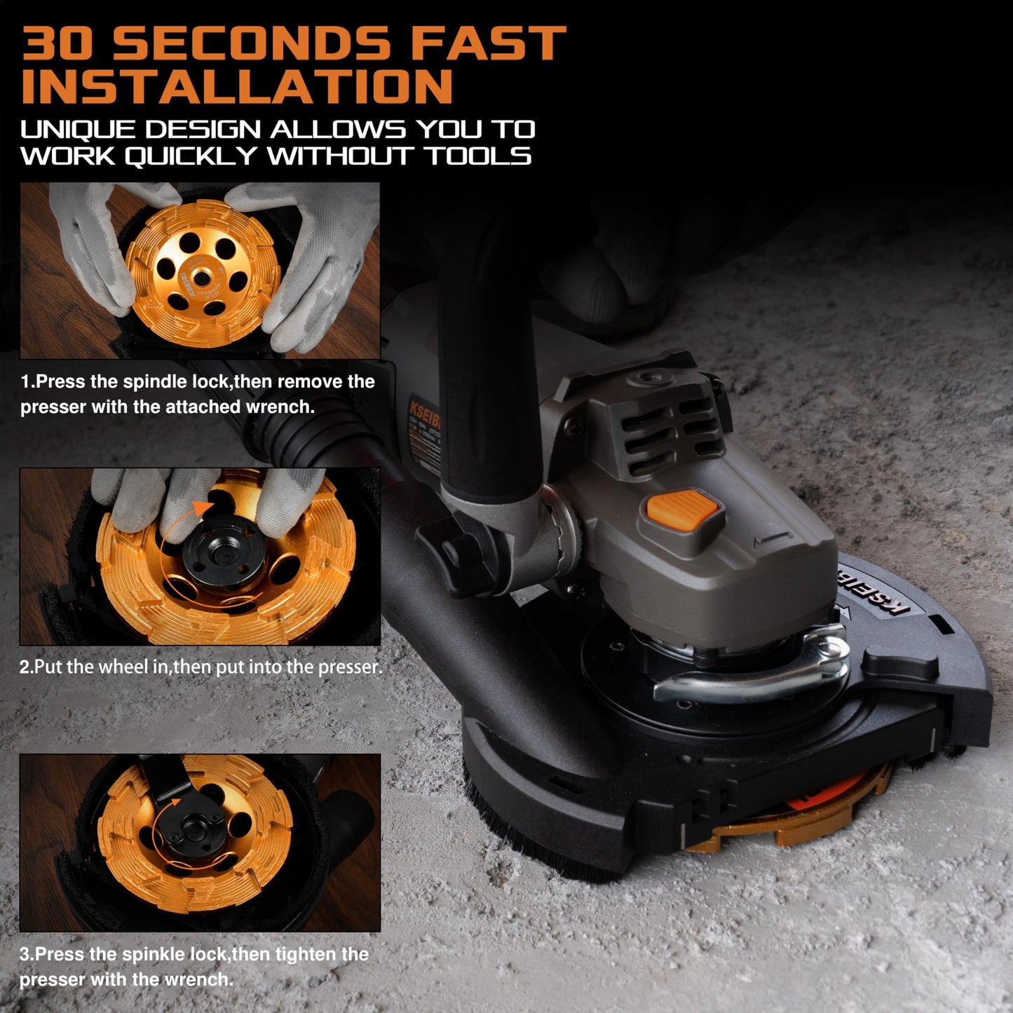 KSEIBI Concrete Angle Grinder Machine 5-Inch, Metal Grinding Tools 11.5Amps (1400 watt) with Safety Guard, Diamond Cup Wheel, Dust Shroud, and Carry Bag