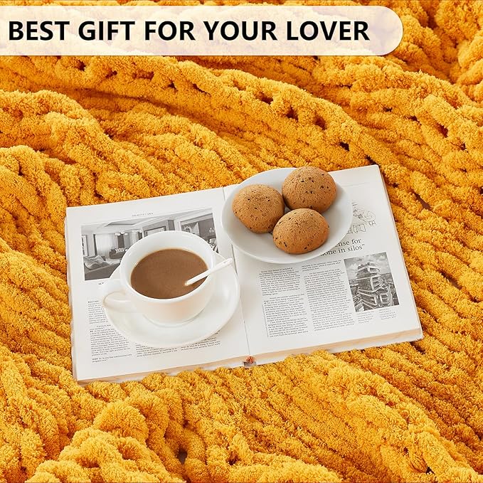 L'AGRATY Chunky Knit Blanket Throw: 80''x90'' Chenille Chunky Knitted Throw Blankets for Bed Couch - Handmade Thick Big Cable Knit Blanket - Large Crochet Rope Blankets for Home Decor(Yellow)