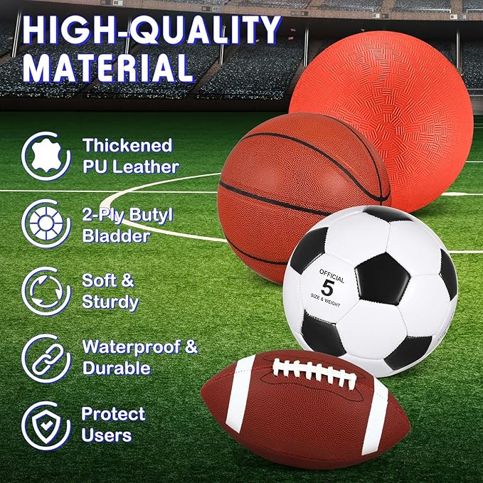 Lenwen 4 Pcs Sports Balls Set, Include Official Size Basketball Soccer Football Playground Ball Pump Equipment Bag for Teen Adult Gift Operation Christmas Ball Gifts