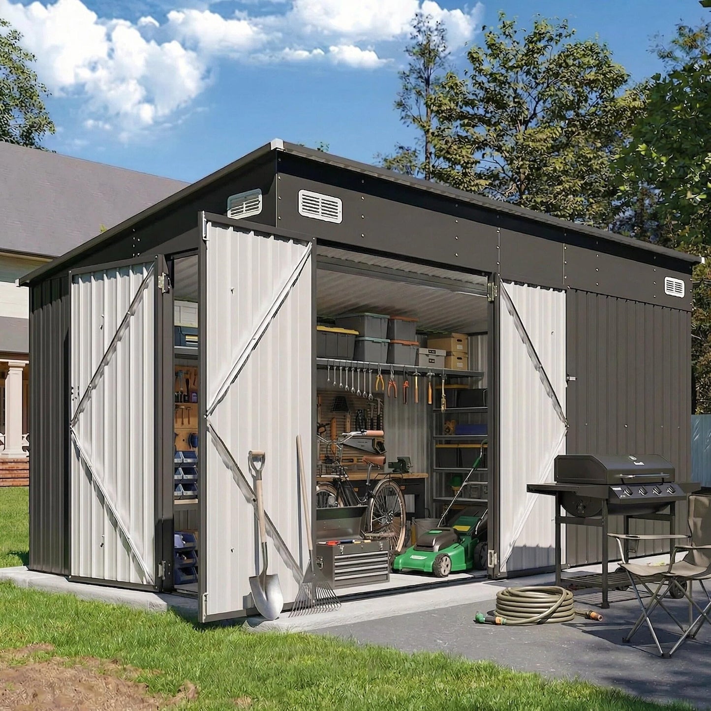 Breezestival 8'x12' Outdoor Shed Lean to Storage Sheds with Triple Doors Utility Galvanized Steel Sheds for Vertical Storage, Dual Lock Metal Shed with Sloped Roof for Mower,Bike,Garden Tools (Black)