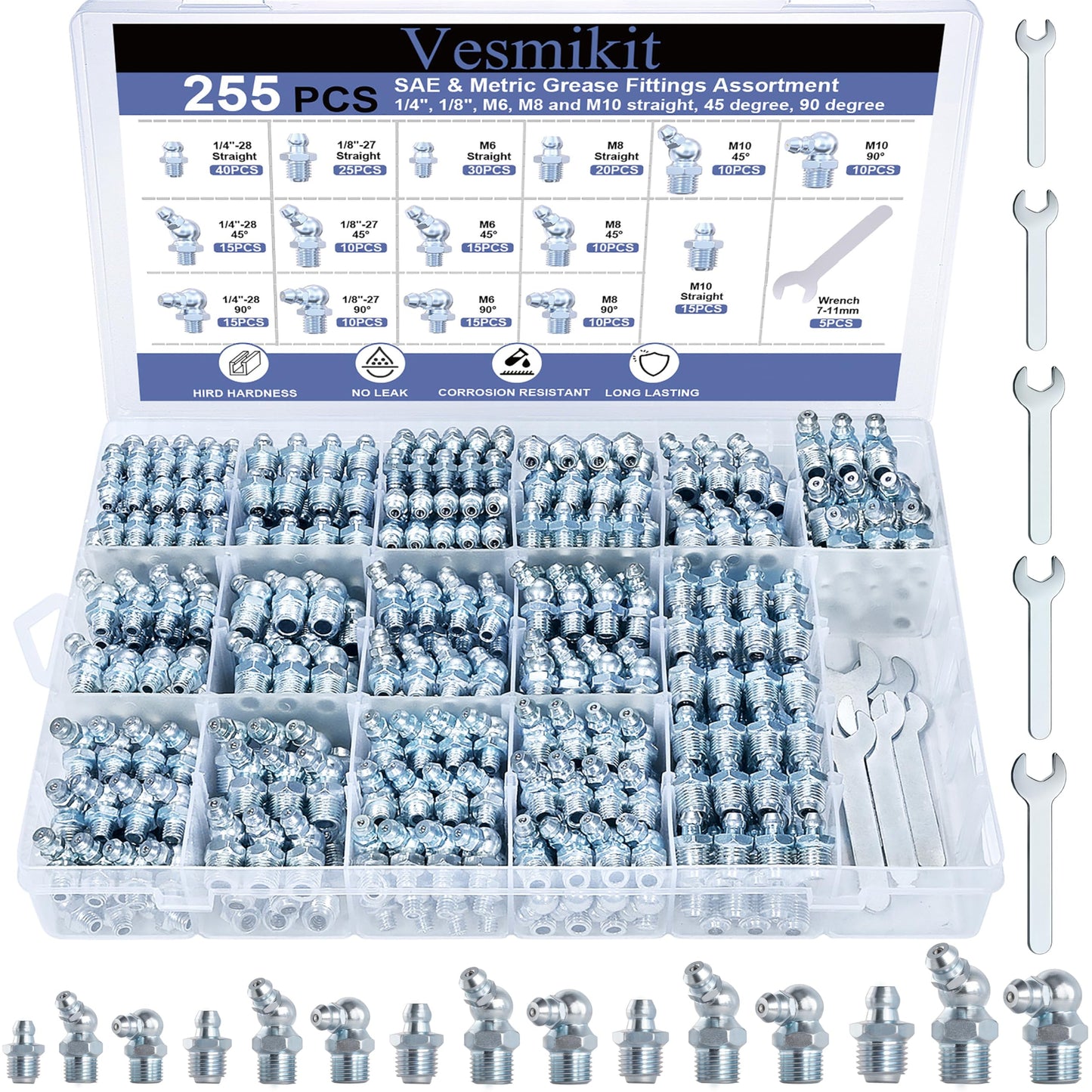 255PCS Grease Fittings Assortment,SAE & Metric Grease Zerk Fittings 1/4" 1/8" M6 M8 M10 straight 45 90 degree with Wrench Kit(7-11mm) for Grease Gun,Fit Tractor Vehicle Excavator Trailer Equipment