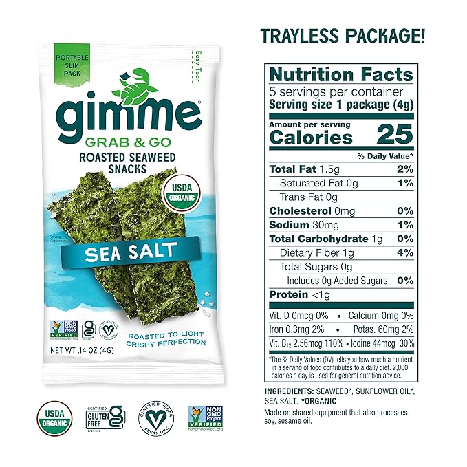 Gimme Seaweed Grab & Go - Sea Salt - 5 Count - Organic Roasted Seaweed Sheets - Keto Vegan Gluten Free - Great Source of Iodine & Omega 3’s - Healthy On-The-Go Snack for Kids Adults (Pack of 4)