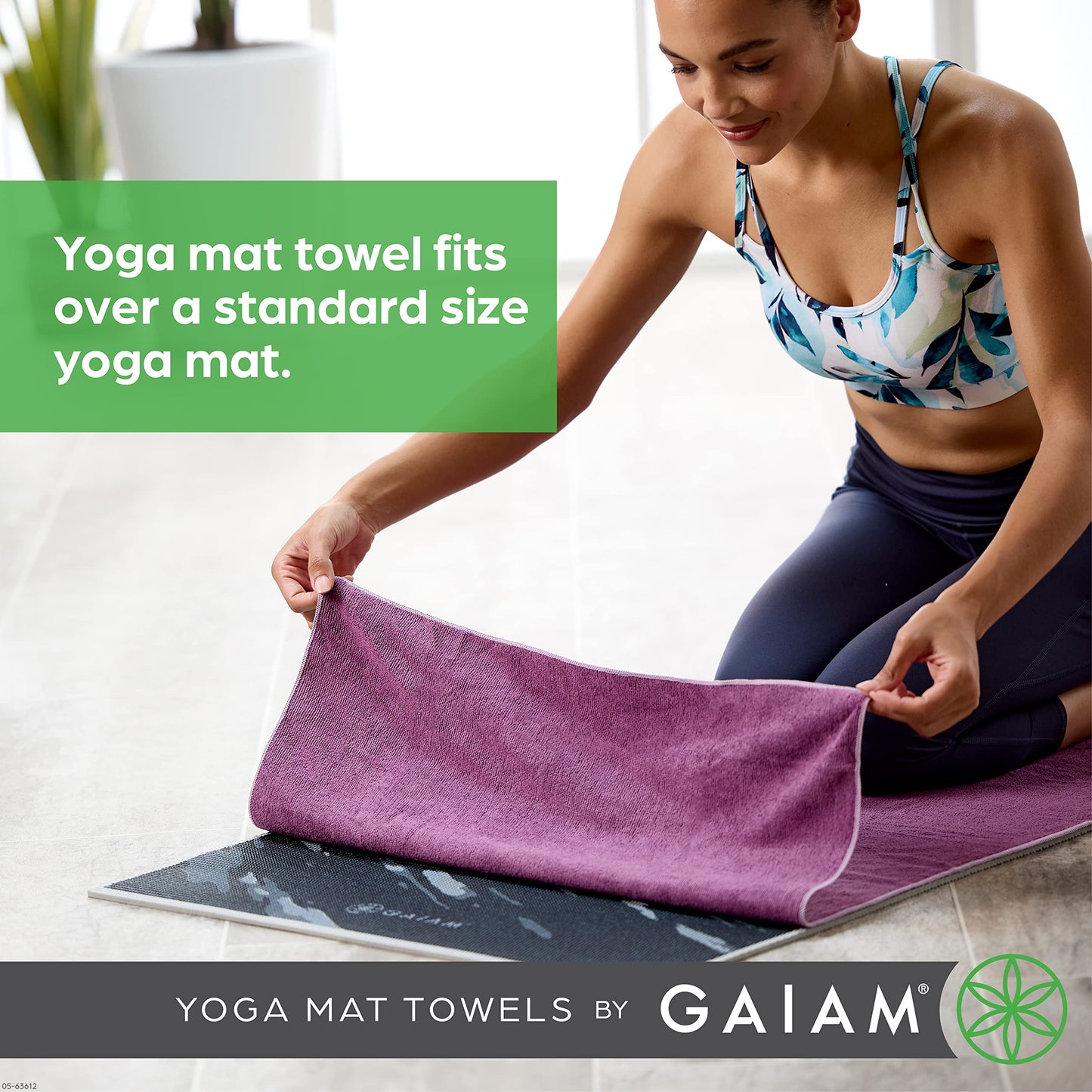 Gaiam Yoga Mat Towel — Non-Slip Microfiber Hot Yoga Towel, 24" x 68" Mat-Sized, Quick Dry & Super Absorbent for Bikram, Pilates & Gym, Heron Lilac