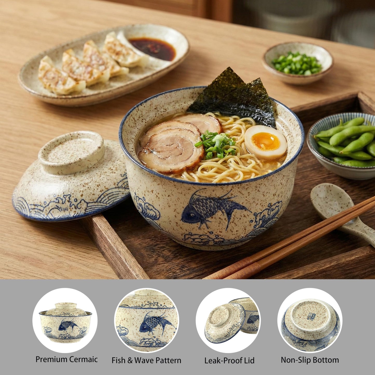 Ramen Bowl, DV 25 OZ Microwavable Japanese Korean Ramen Soup Bowl with Lid, Blue Fish and Wave Design