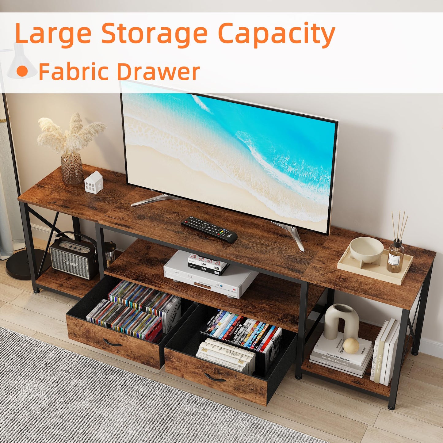 GYIIYUO TV Stand with Fabric Drawers - Entertainment Center and Industrial Console Table with Open Storage Shelves for Living Room, Bedroom - 71.5" Rustic Brown
