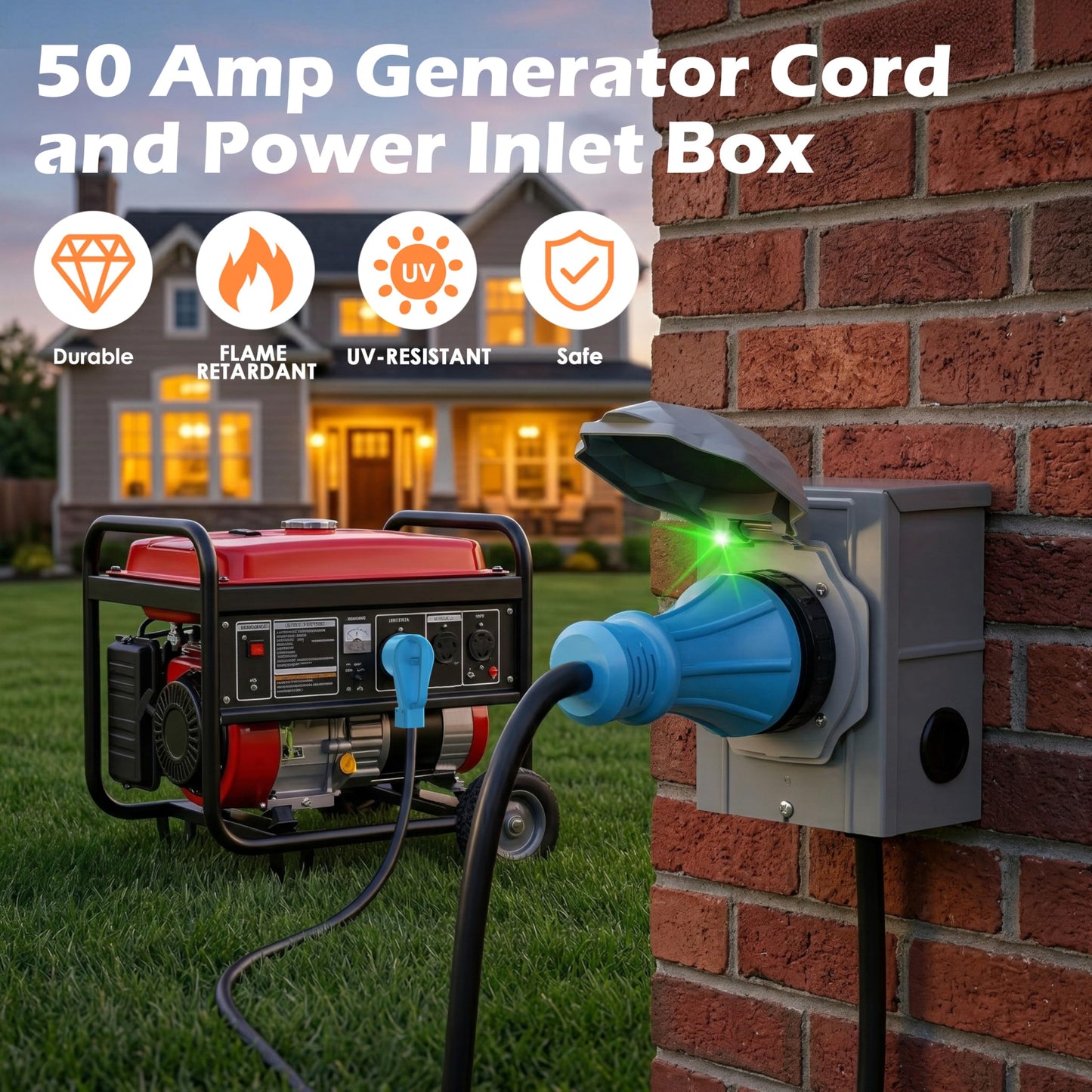 CircleRiver 50 Amp 15Feet Generator Cord and Power Inlet Box Combo Kit NEMA 14-50P Male to SS2-50R STW 6/3+8/1 AWG 125/250V Twist Locking with Inlet Box for Generator to House