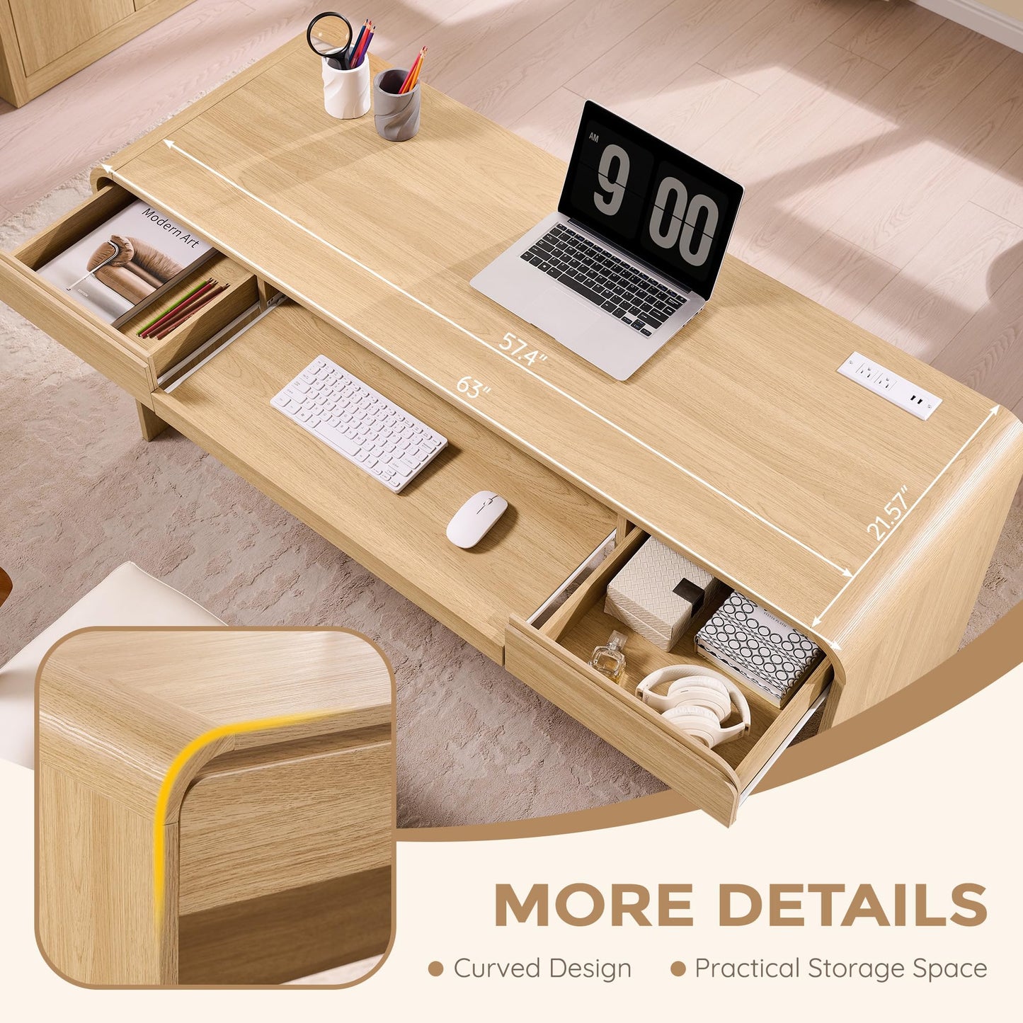 ALLTUFO 63" Modern Computer Desk with 2 Drawers, Wood Curved Executive Desk with Keyboard Tray & Power Outlet, Writing Desks with Storage for Home Office, Study Room, Living Room (Natural)