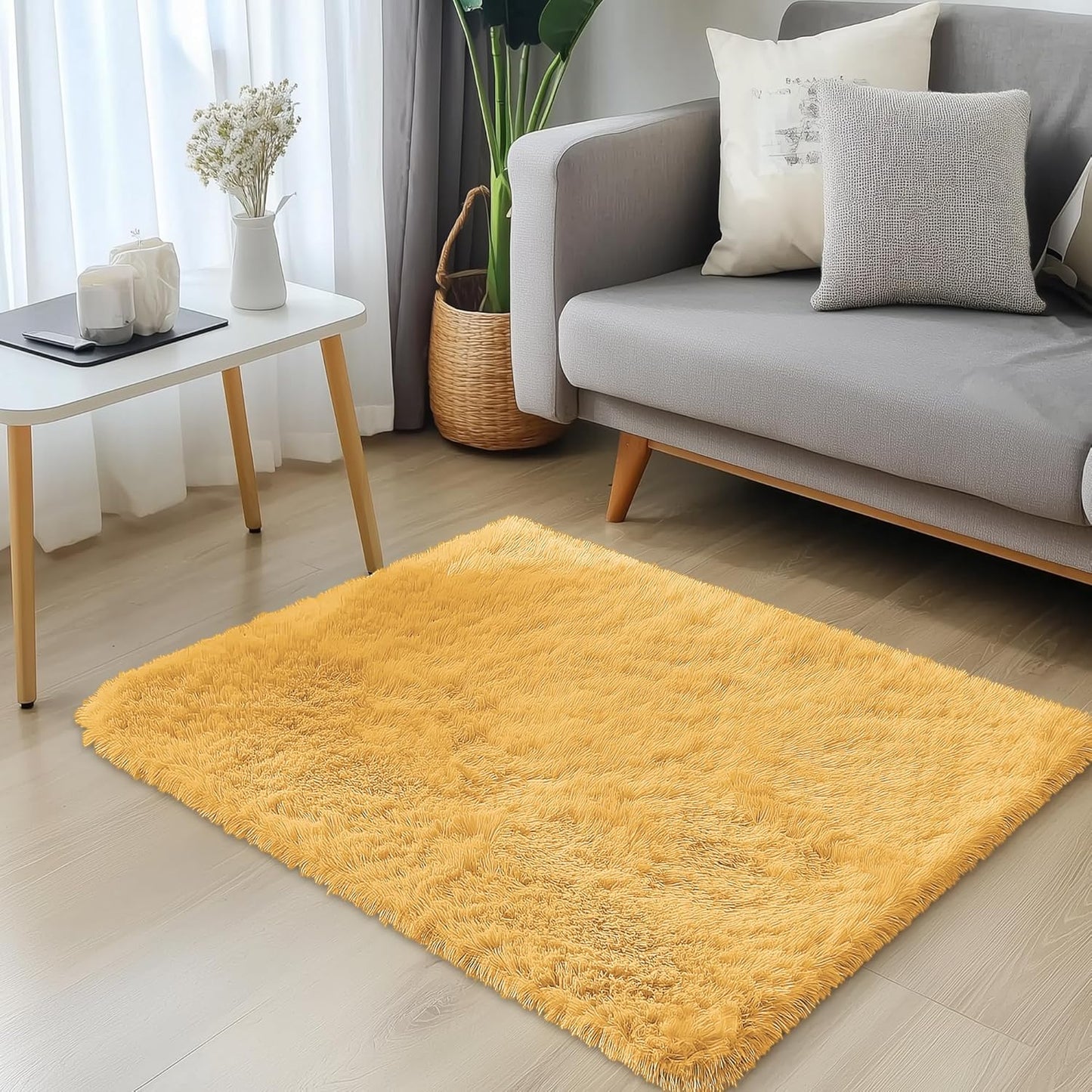 OLANLY Soft Fluffy Shaggy Bedside Rug - Machine Washable 2x3 Entryway Carpet in Mustard Yellow
