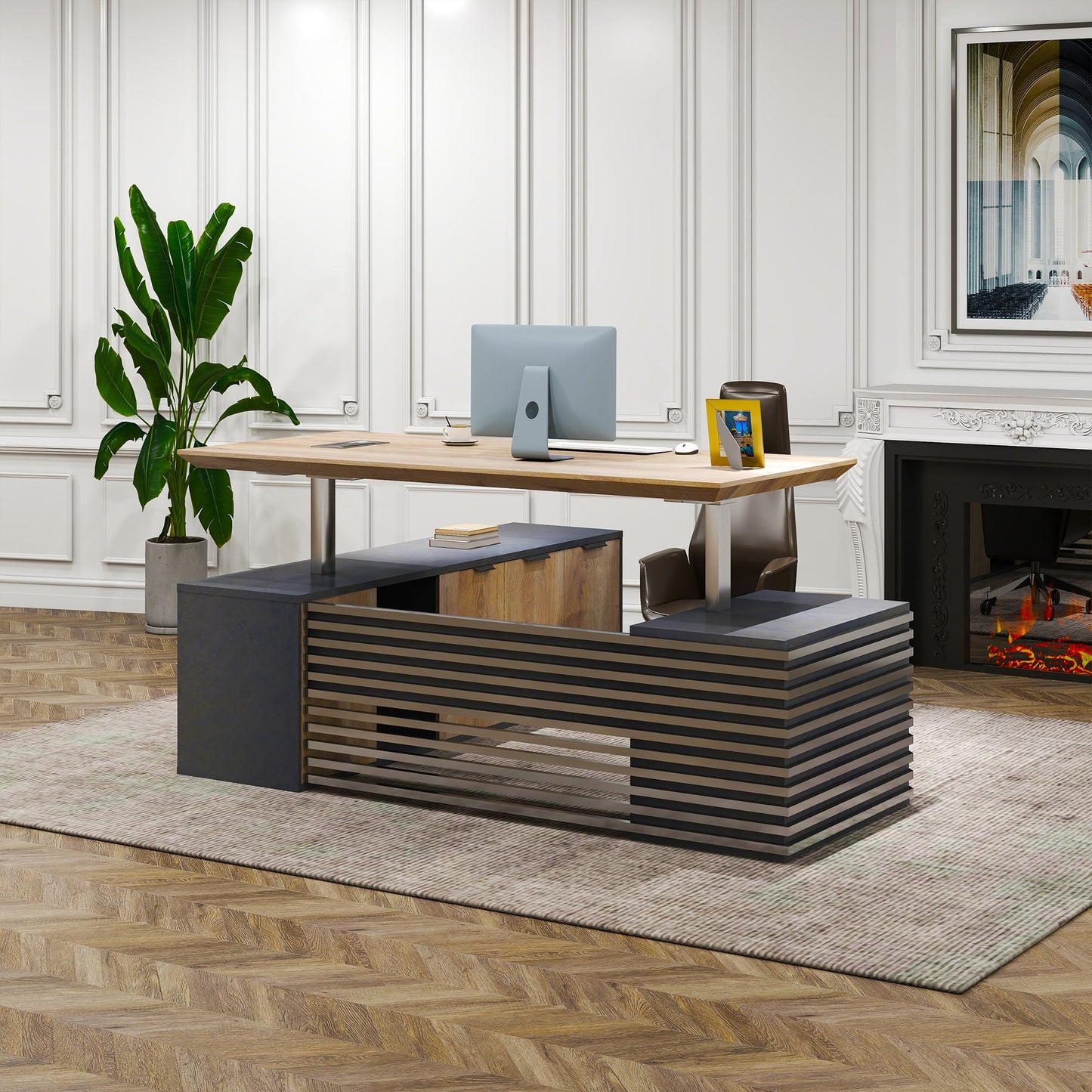 Electric Height Adjustable Executive Desk, Luxury L-Shaped Office Desk with Storage Cabinet & Charging Station, Solid Thickened Desktop, 86" Modern CEO Workstation for Home Office & Corporate Office