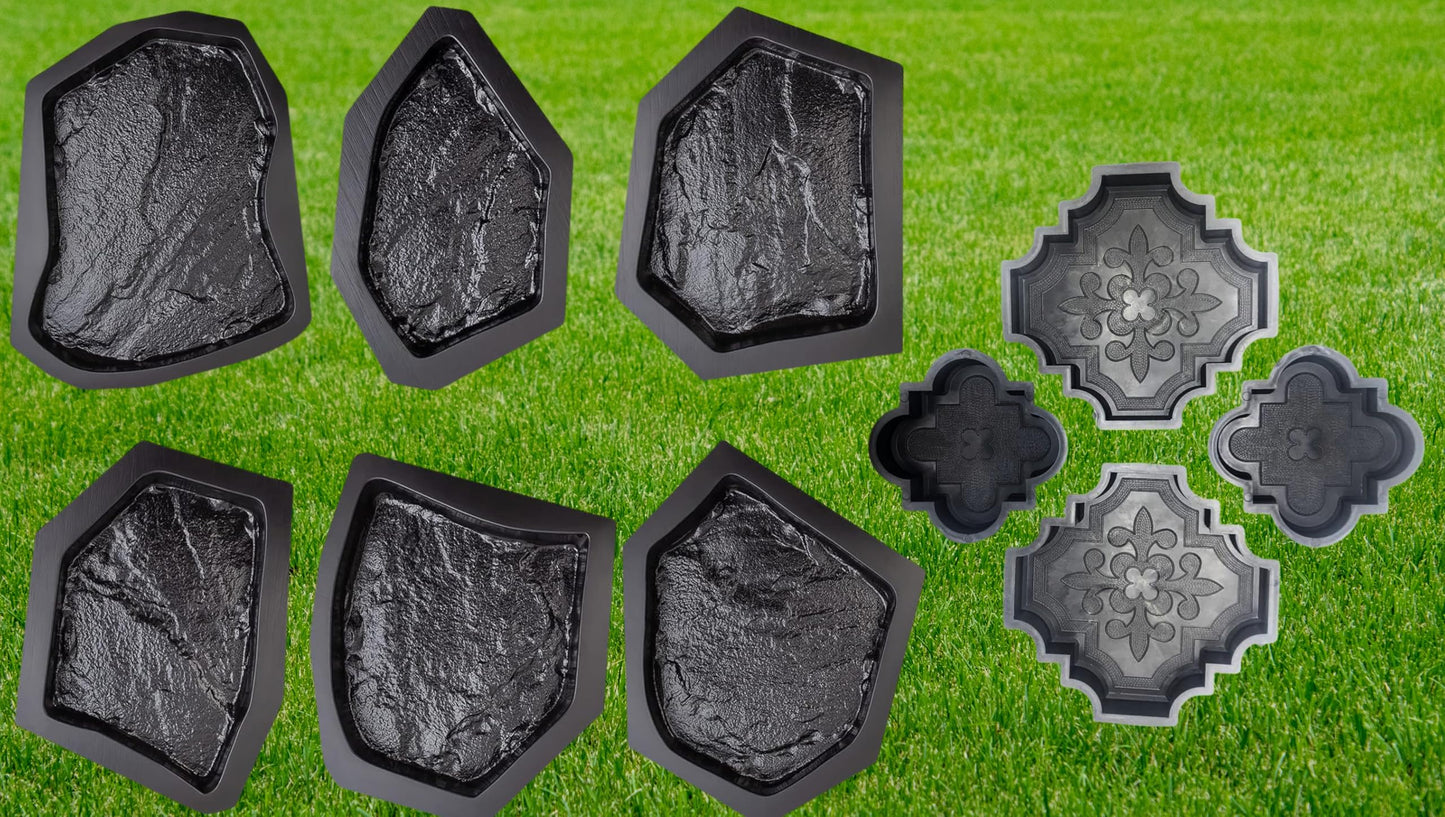 4 pcs Beautiful Plastic Form Big Pathmaker Concrete Molds & 6 pcs Flagstone Molds ABS 2mm Cement Mold - Paving DIY Stepping Stone Mold