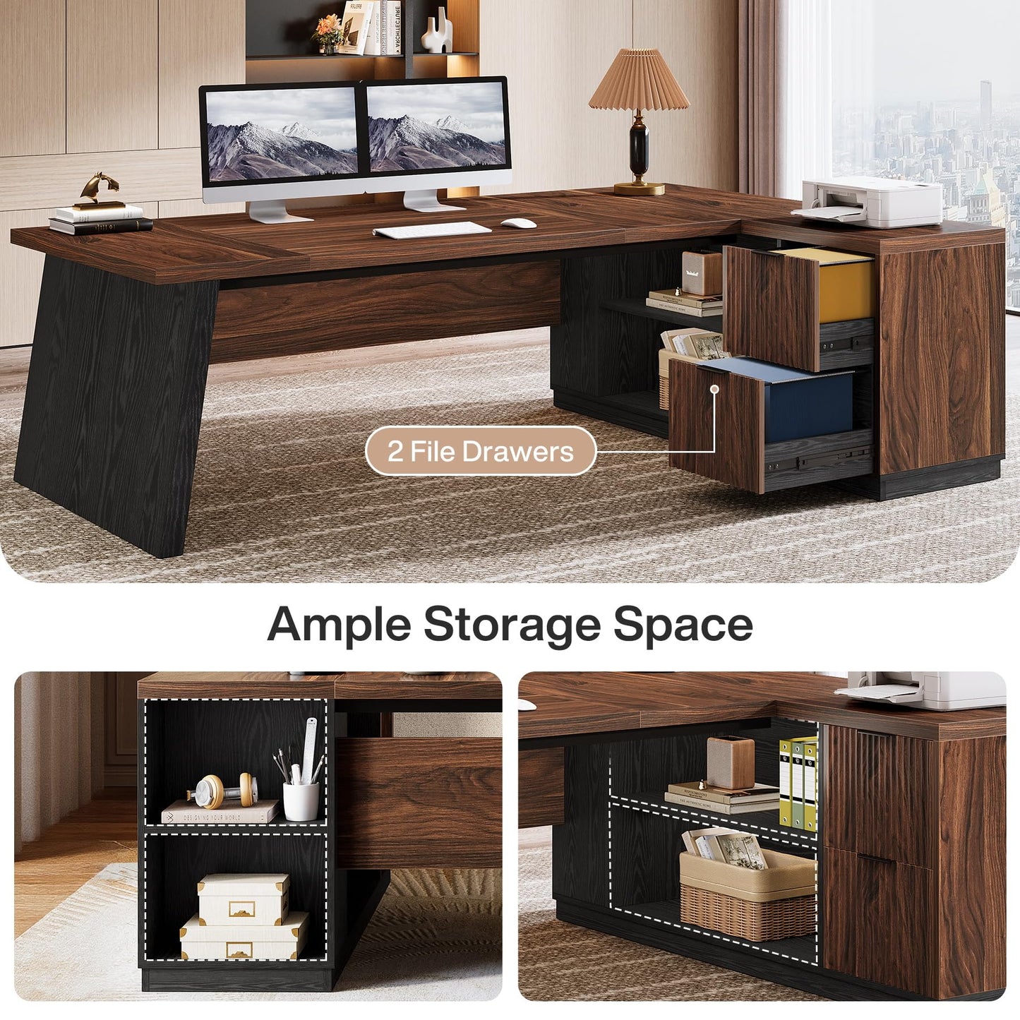Tribesigns 78" L Shaped Executive Desk, Large Office Desk with Drawers and Storage Shelves, Modern Corner Computer Table Business Furniture for Home Office (Walnut & Brown)