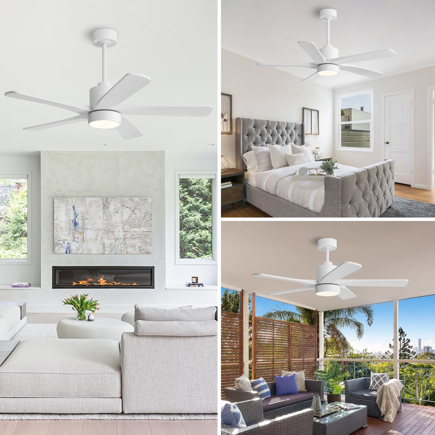 WINGBO 48 Inch DC Ceiling Fan with Lights and Remote Control, 5 Carved Solid Wood Blades, 6-Speed Noiseless Reversible DC Motor, Indoor Ceiling Fan in Gloss White Finish with White Blades