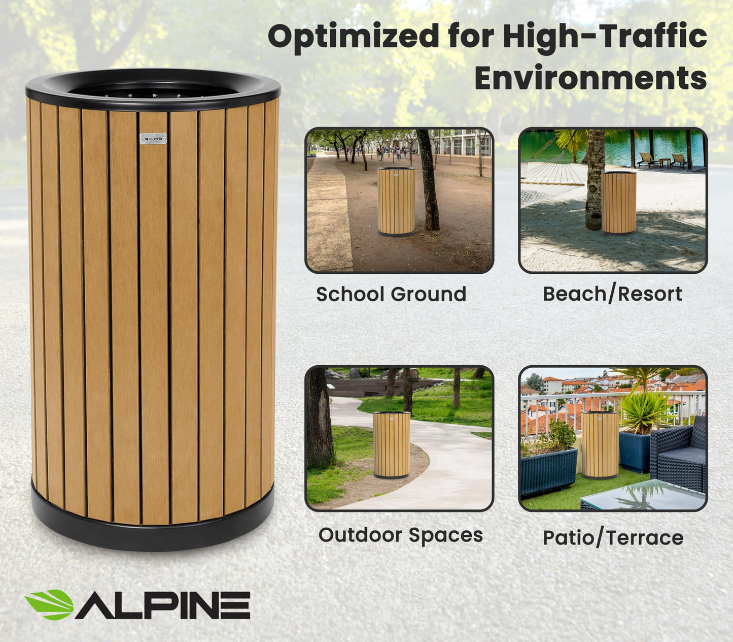 Alpine 32 Gallon Commercial Outdoor Trash Can – Open Top All-Weather Garbage Can with Leak-Proof Stainless Steel Liner, Floor-Mount Ready for Parks, Schools & Public Spaces (Flat Lid - Cedar)