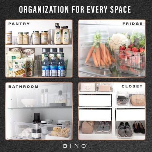 BINO Plastic Organizer Bins - Large 4 Pack | Multi-Use Pantry & Freezer Storage Containers