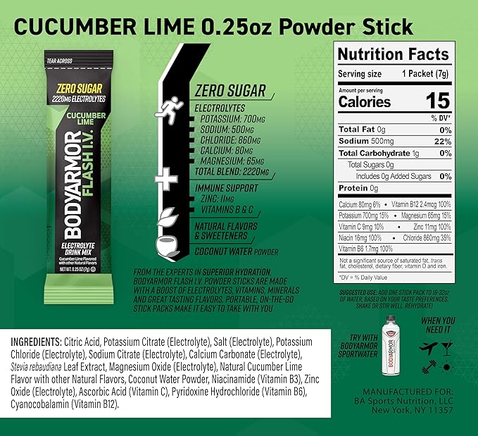 BODYARMOR Flash IV Electrolyte Packets, Cucumber Lime - Zero Sugar Drink Mix, Single Serve Packs, Coconut Water Powder (6 Count)
