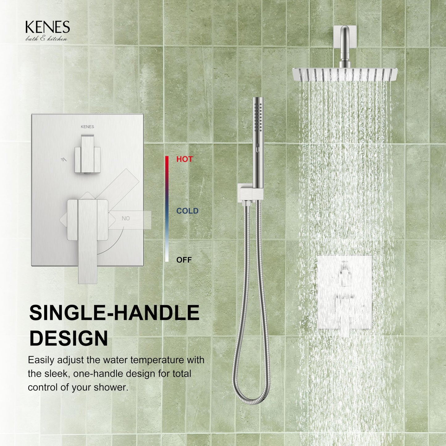 KENES Square Rainfall Shower System Faucet Set, Brushed Nickel Rain Shower Head and Handle Set, 10 Inch Stainless Shower Head with Handheld Spray (Shower Valve Included), LJ-6026A