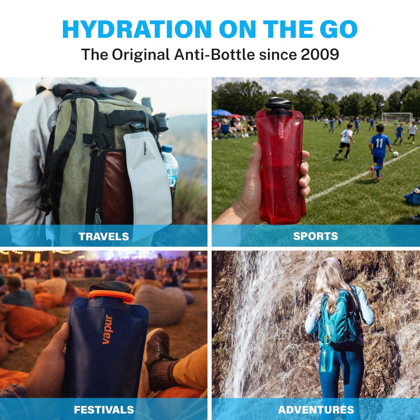 Vapur Collapsible Water Bottle with Carabiner - 34oz (1L), Blackout - Flexible and Lightweight Water Bottle for Travel, Concert, Hiking, and Outdoor Adventures - BPA-Free, Dishwasher-Safe, Freezable