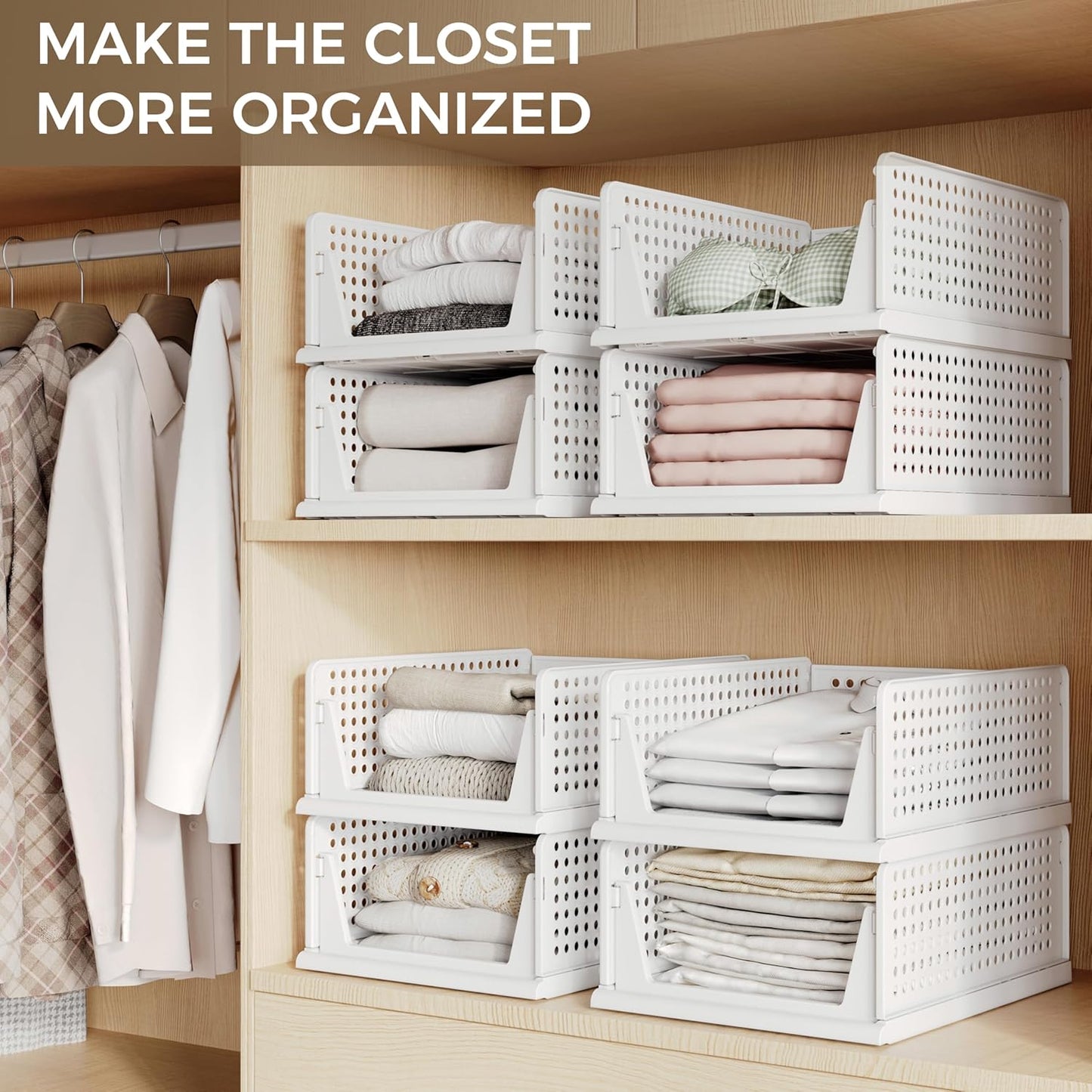 Pinkpum 8-Pack Closet Organizers - Stackable Plastic Storage Bins for Wardrobe & Kitchen | White