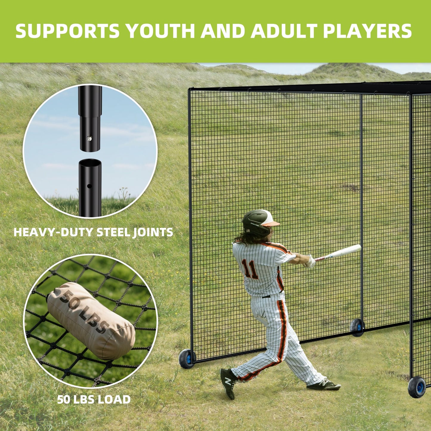 MR Mobile Baseball Batting Cage 24ft, Portable Heavy-Duty Baseball Hitting Cage w/Wheels, Wheel-Based Softball Batting Cage, Fully Enclosed Batting Cage Tunnel Complete Kit w/Frame and Netting
