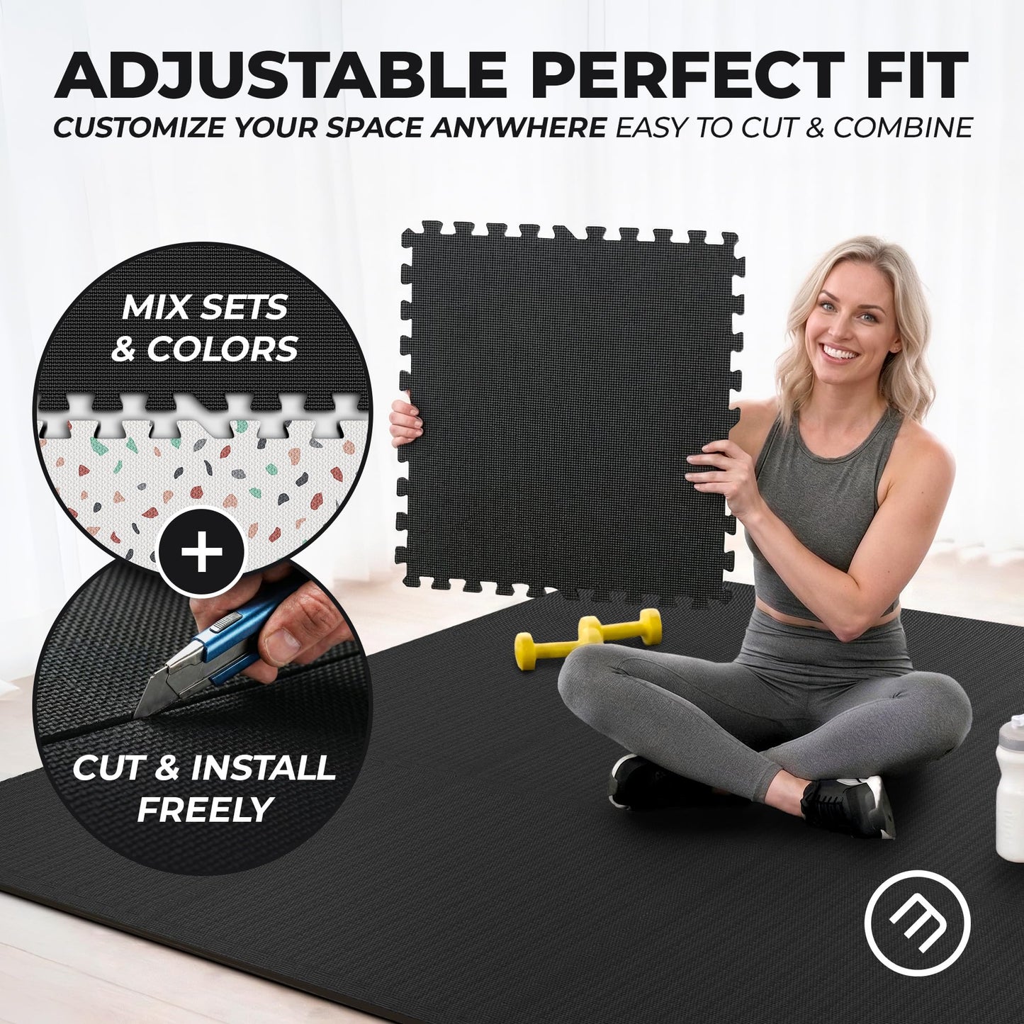 bemaxx Gym Mats Set - 12 pcs EVA Interlocking Foam Floor Tiles (24.4"x24.4"x0.4") 48 sqft Protective Gym Flooring Sports Home Workout Exercise Mats Puzzle Garage Fitness Play-Room Pool Treadmill Bike