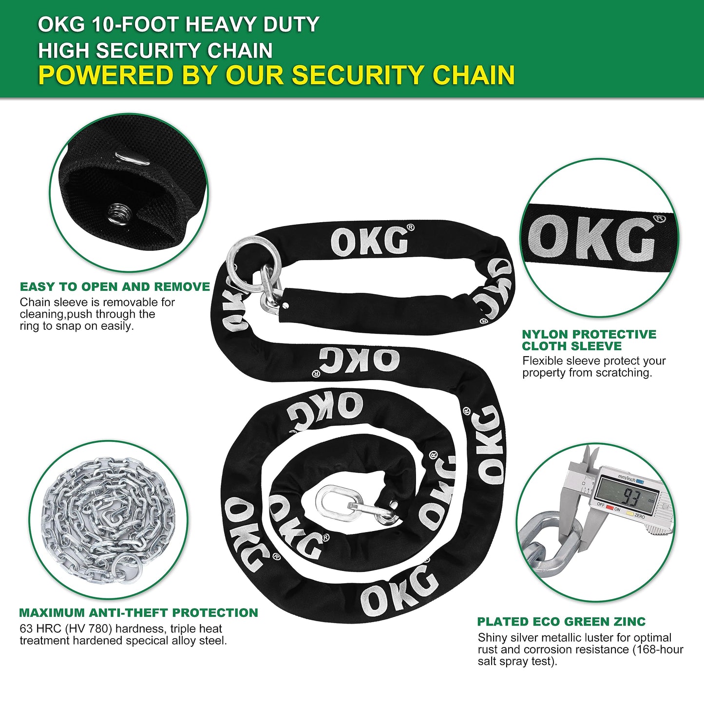OKG Extra Long Security Chain - 10-Foot x 3/8" Thick Heavy Duty, Eco-Zinc Plated - Uncuttable for Outdoor & Indoor Use - Bike & Motorcycle Lock Chain - For Two+ 2-Wheeled Vehicles