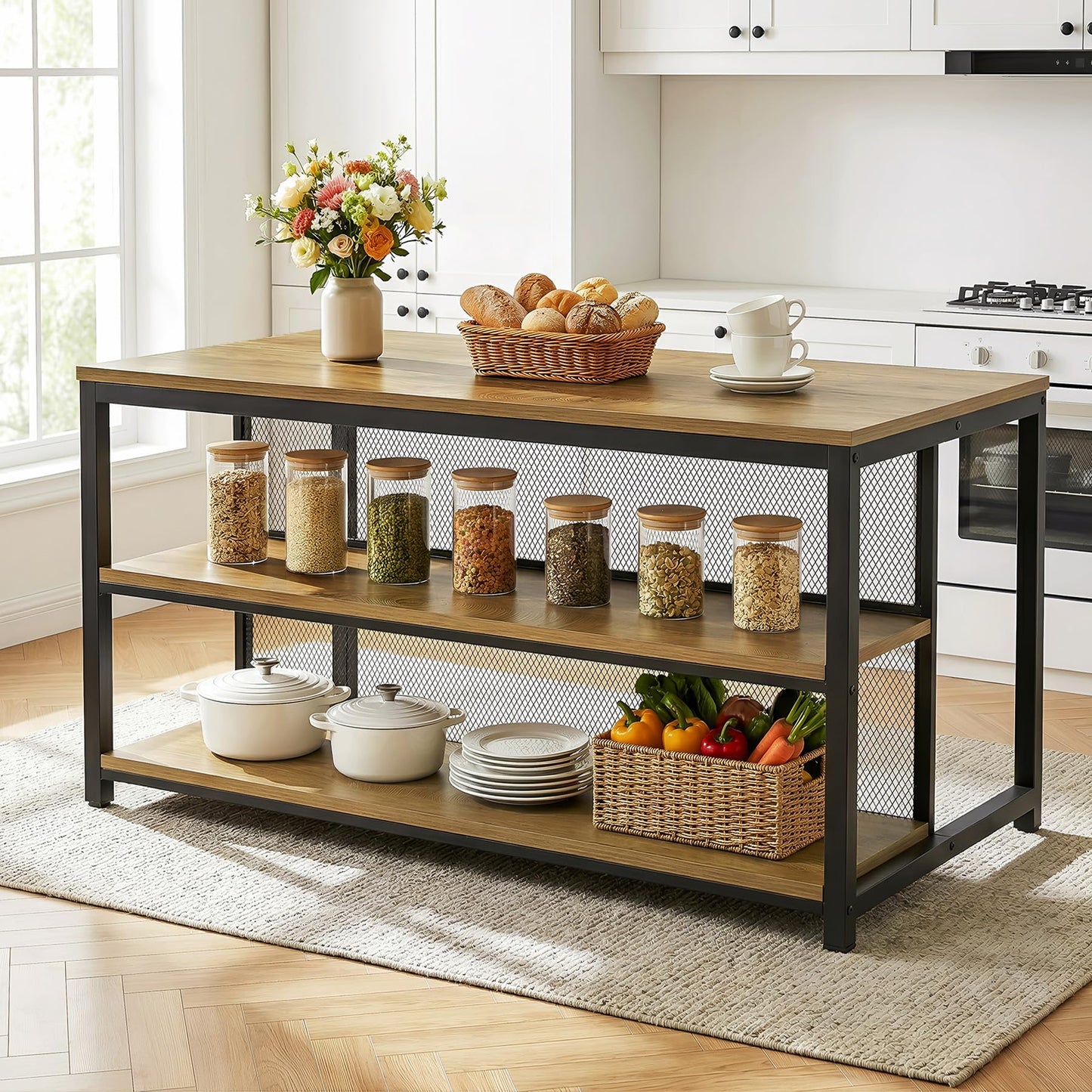 Tribesigns 63" Kitchen Island, Industrial Bar Table with Storage Shelves & Seating, Modern Farmhouse High Top Kitchen Dining Table with Metal Frame for Kitchen, Dining Room, Living Room, Bistro
