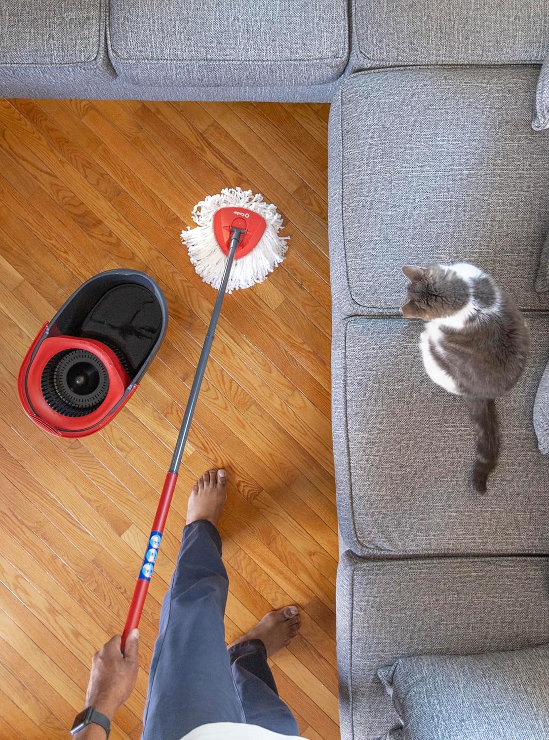 O-Cedar EasyWring Microfiber Spin Mop - Efficient Floor Cleaning System with 2 Extra Refills | Red/Gray