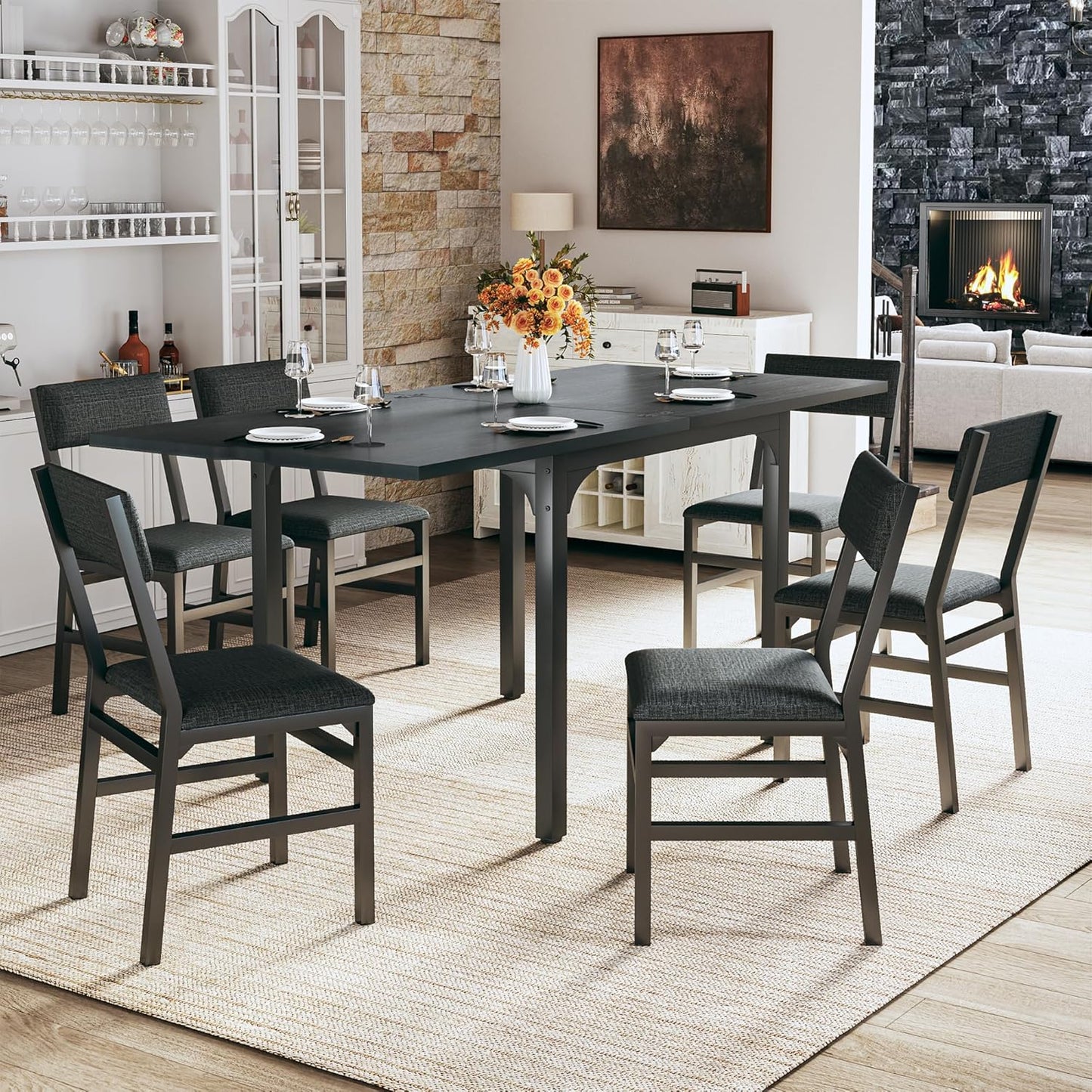 Regine Switzerland 7-Piece Dining Table Set - Extendable Kitchen Table with 6 Cushioned Chairs | Space-Saving Black Design
