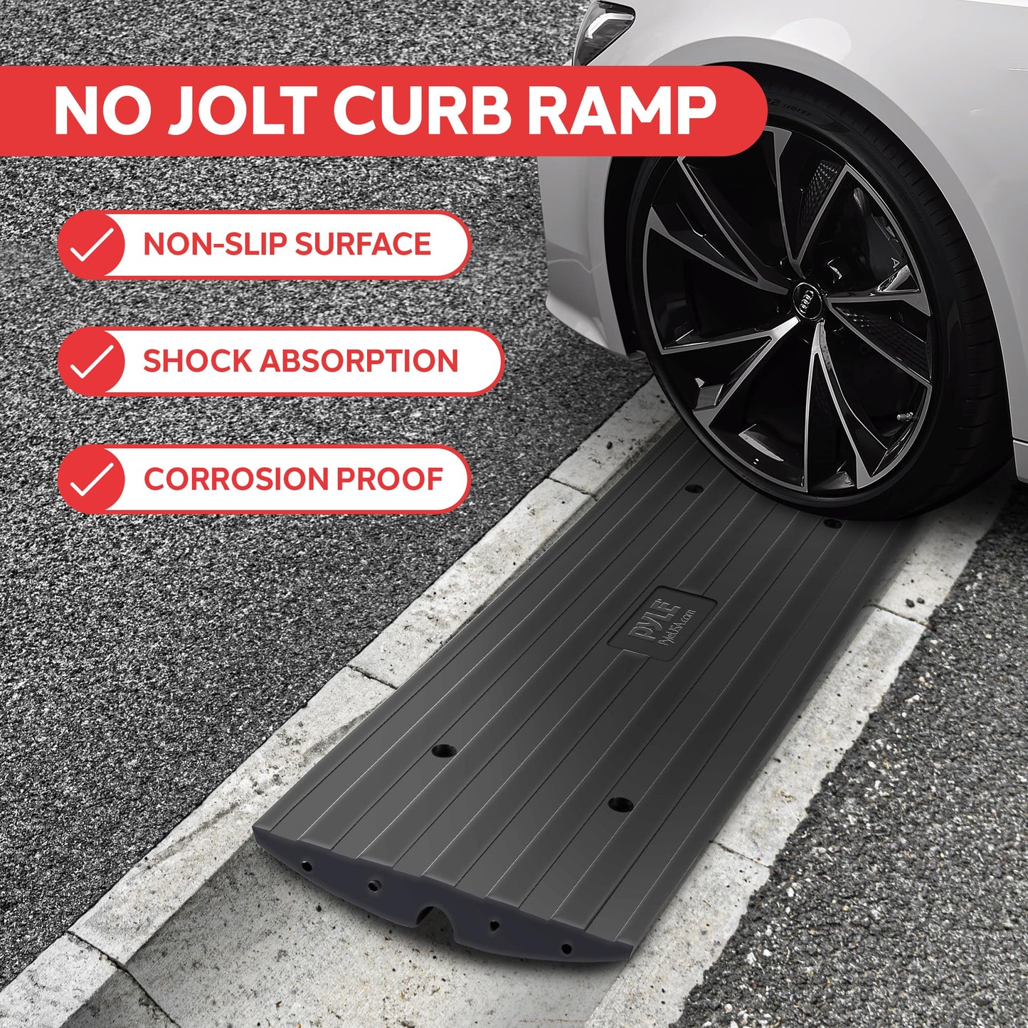 Car Vehicle Curbside Driveway Ramp - 4ft Heavy Duty Rubber Threshold Bridge Track Curb Ramp, for Loading Dock, Garage, Sidewalk, Truck, Scooter, Bike, Motorcycle, Wheelchair Mobility - Pyle PCRBDR21