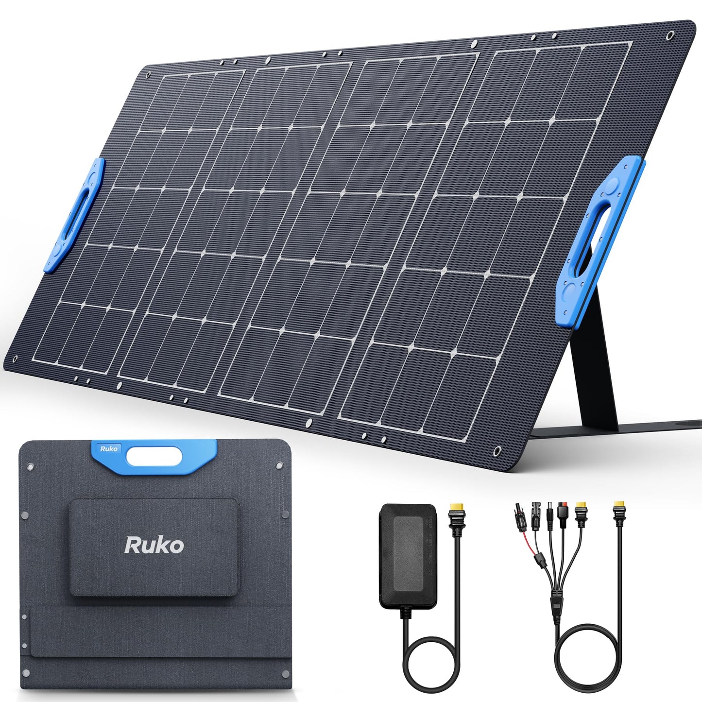 Ruko RK200 200W Portable Solar Panel, Foldable Monocrystalline Panel Charger with 23.5% Efficiency, Charging Expansion Box, IP67 Waterproof, Adjustable Kickstand for RVs, Camping, Blackout