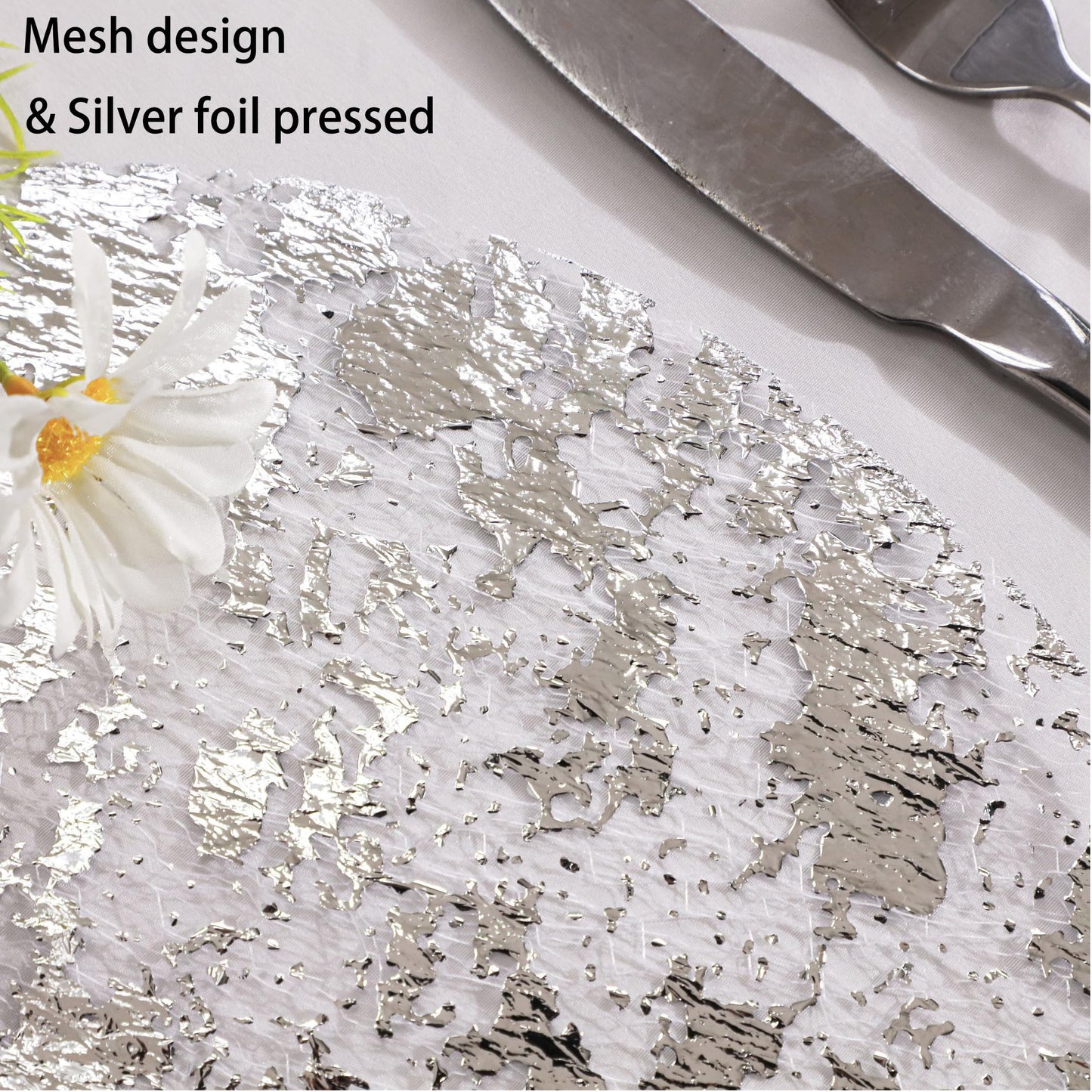 Snowkingdom Silver Disposable Placemats Set of 24 Foil Mesh 13 Inch Round Pressed Table Mates 24 Pack Silver Doilies for Dining Table Wedding Birthday Party Holiday Home Decoration
