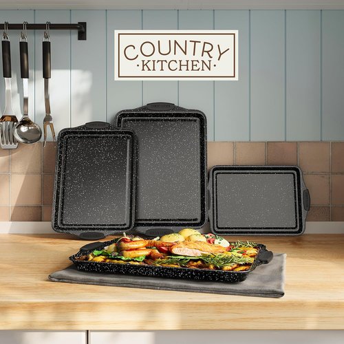 Country Kitchen Nonstick Bakeware Set - Heavy Duty & Easy Release | 4-Piece Black Stackable Set