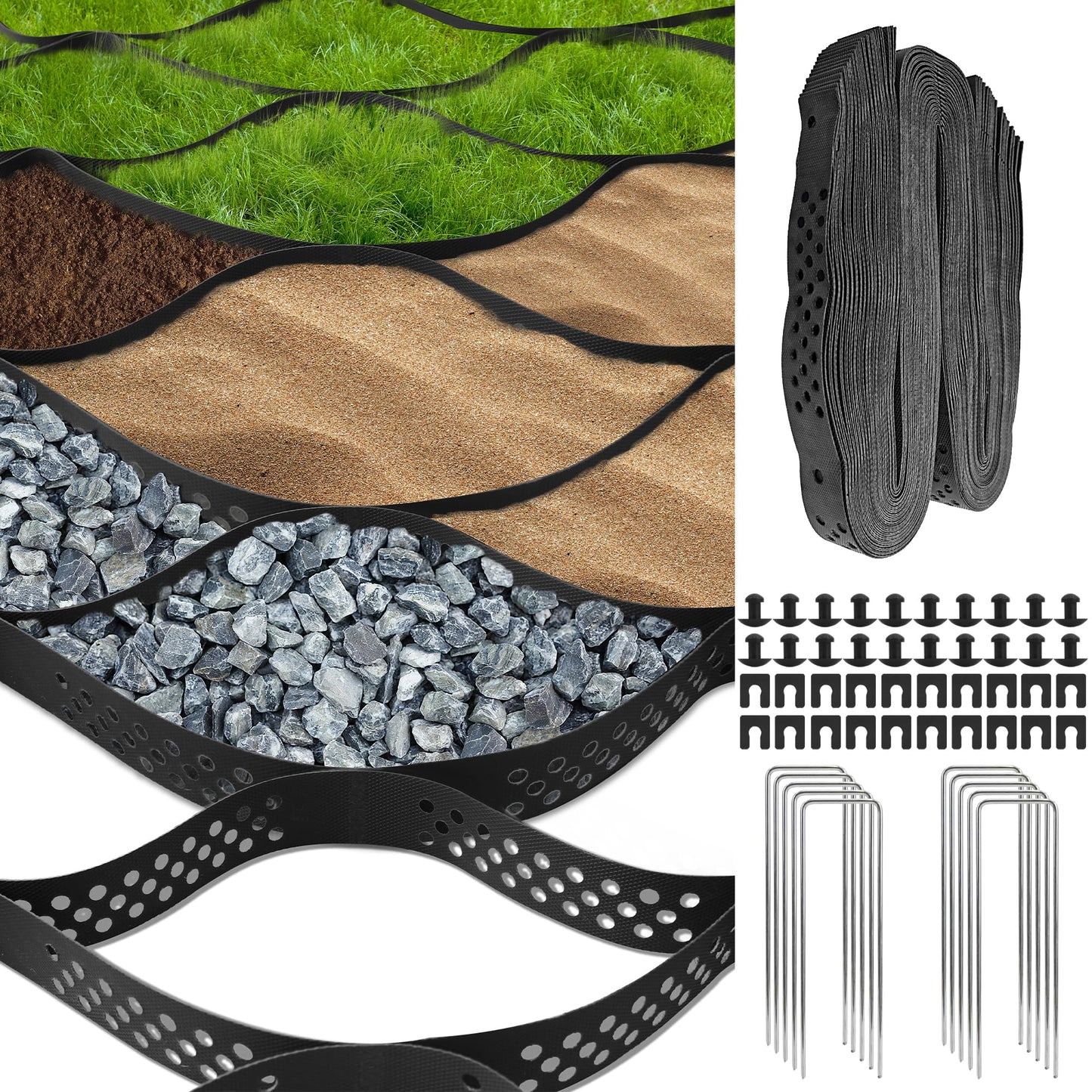Sumloty Gravel Grid 4 x 11FT-2" Depth HDPE Geo Grid 1885 lbs Per Sq Ft Load with U-Shaped Stakes & Connectors for Driveway, Patio, Shed Base, Parking Lot, Grass Stabilization, Black