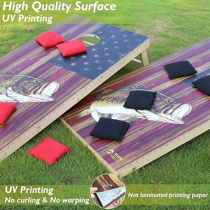 LED Cornhole Board Set 4FTx2FT Solid Wood Regulation Size Cornhole Set with LED Lights Includes 8 Cornhole Bags for Adults (USA Flag & Fish, 4'x2')