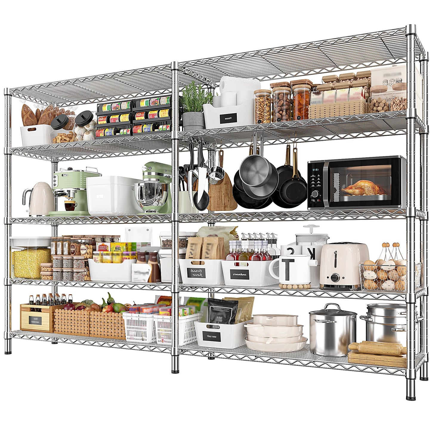 REIBII 69.8" W Storage Shelves 1510LBS Wire Shelving Unit 5 Tier Metal Shelving for Storage Rack Shelves Adjustable Heavy Duty Garage Shelf Pantry Shelves Kitchen Shelving,69.8"Wx15.8"Dx72.4"H,Chrome