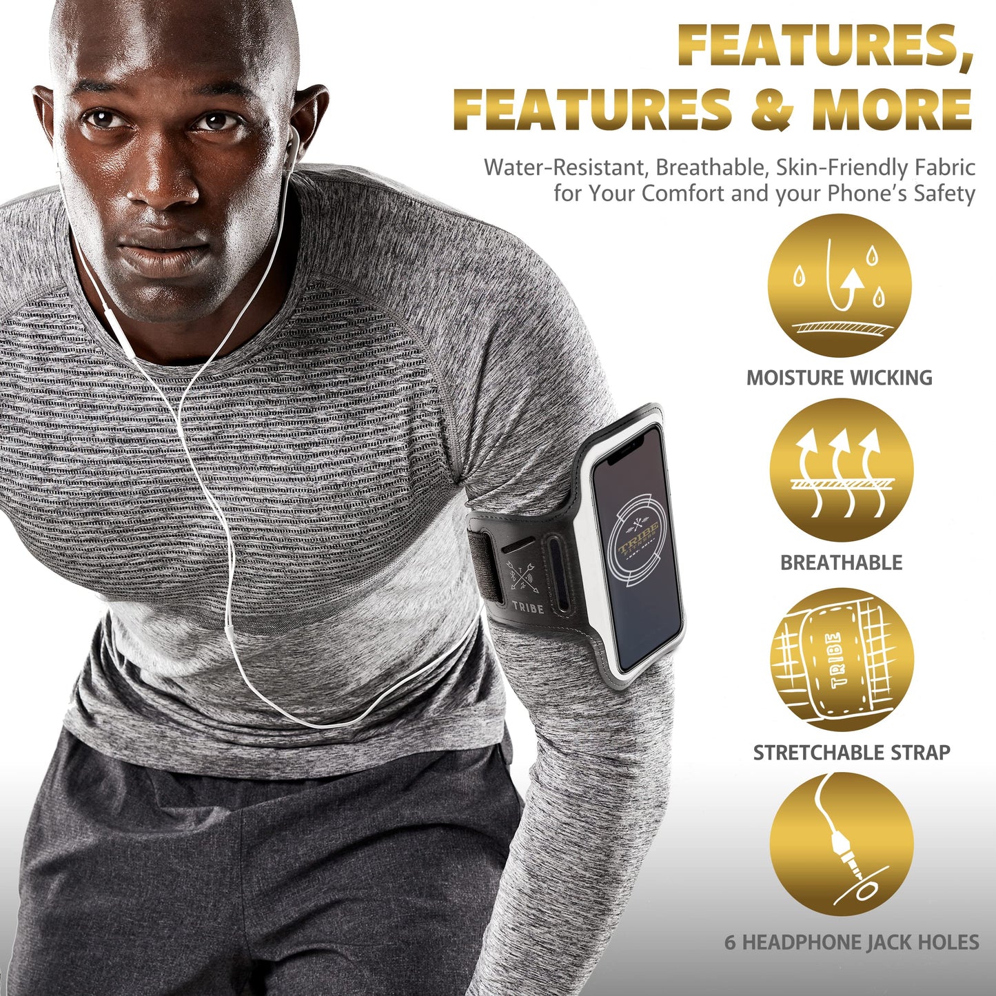 TRIBE Running Phone Holder Armband. iPhone & Galaxy Cell Phone Sports Arm Bands for Women, Men, Runners, Jogging, Walking, Exercise & Gym Workout. Fits All Smartphones. Adjustable Strap, CC/Key Pocket