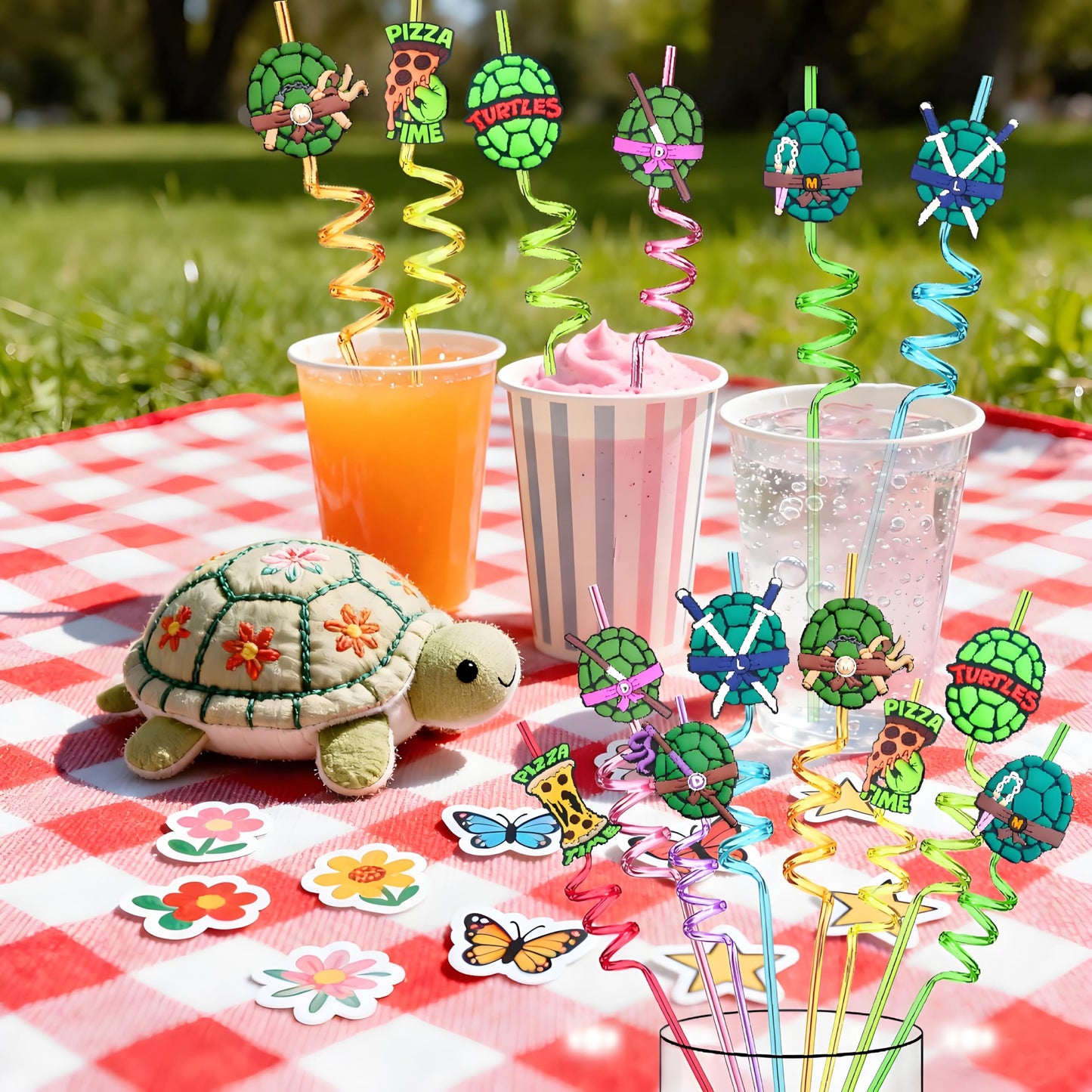 Reusable Ninja Green Turtles Themed Party Straws - 24 PCS Plastic Turtles Drinking Straws for Kids Birthday Party Decorations - Party Favors- Party Supplies with 2 Clean Brushes LEDUO