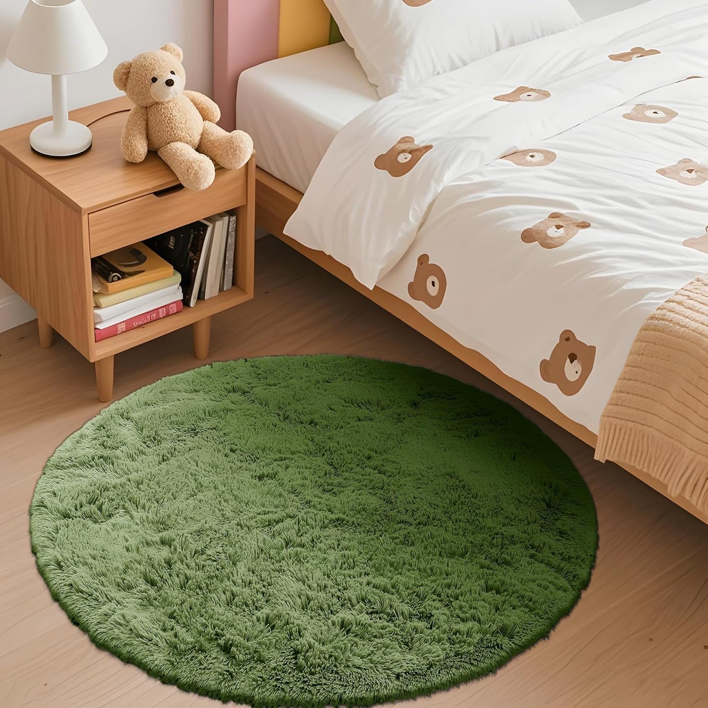 OLANLY Green Round Rug - Soft & Fluffy Shaggy Carpet | Machine Washable, 3 ft Circle for Bedroom & Living Room