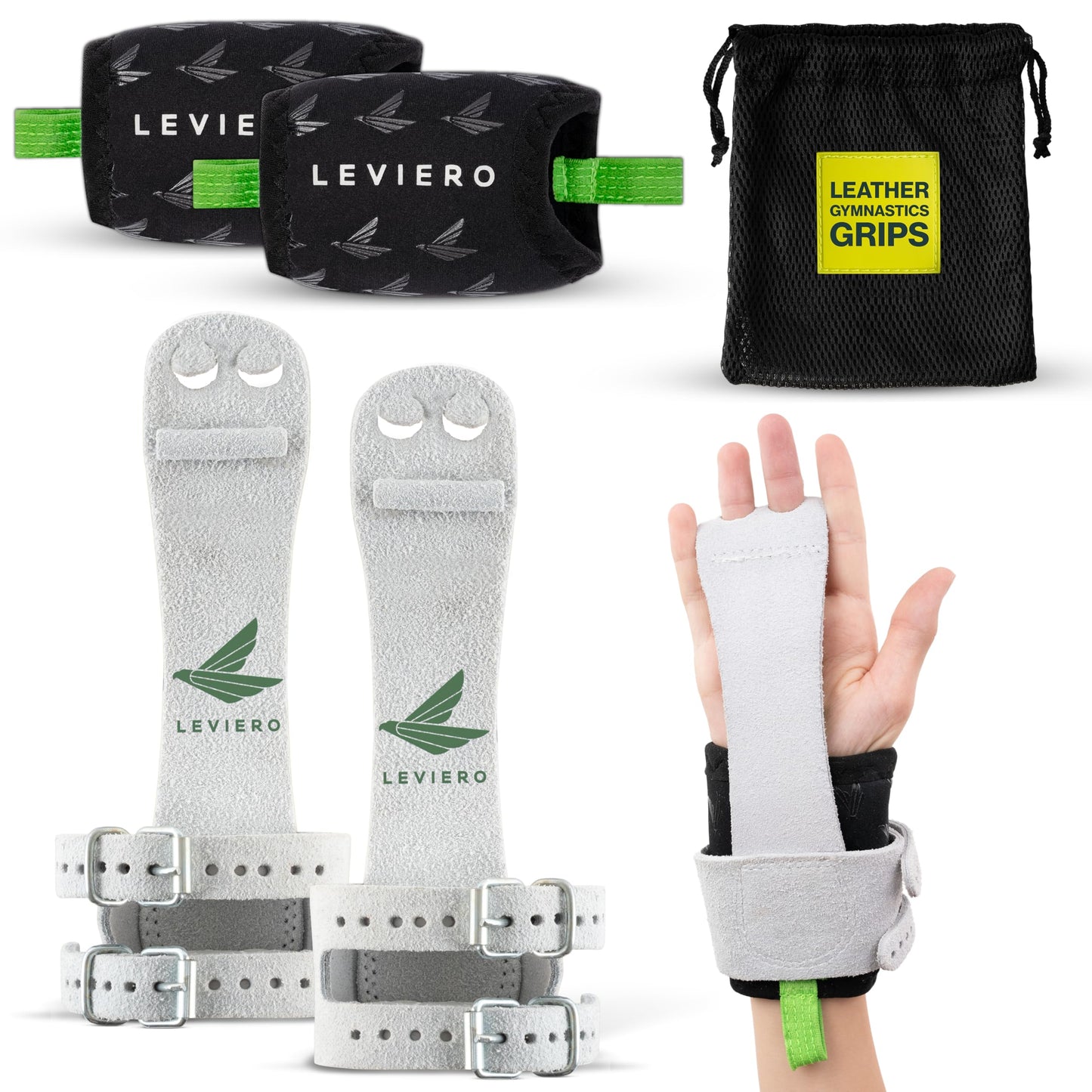 LEVIERO Gymnastics Grips Set Narrow Squeeze, Grips for Gymnastics Girls, Dowel Grips with Soft Leather, Double Buckle Wrist Closure, and Adjustable Finger Holes, for All Ages - (White, 2)