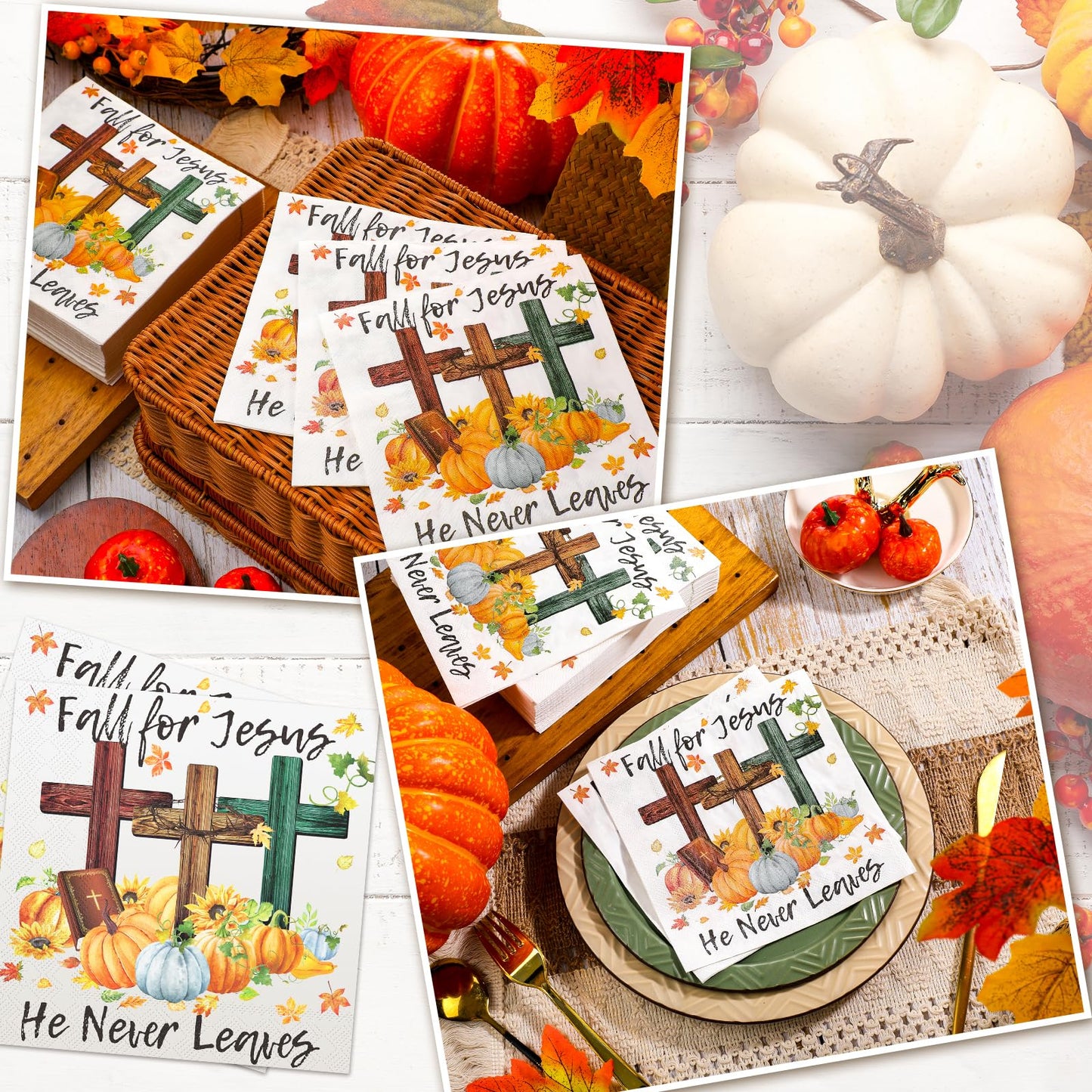 Janlaugh 60 Pcs Fall Paper Napkins Fall for Jesus He Never Leaves Napkin Disposable Autumn Pumpkin Cross Guest Napkins Religious Vintage Dinner Napkin for Autumn Thanksgiving Party Supplies