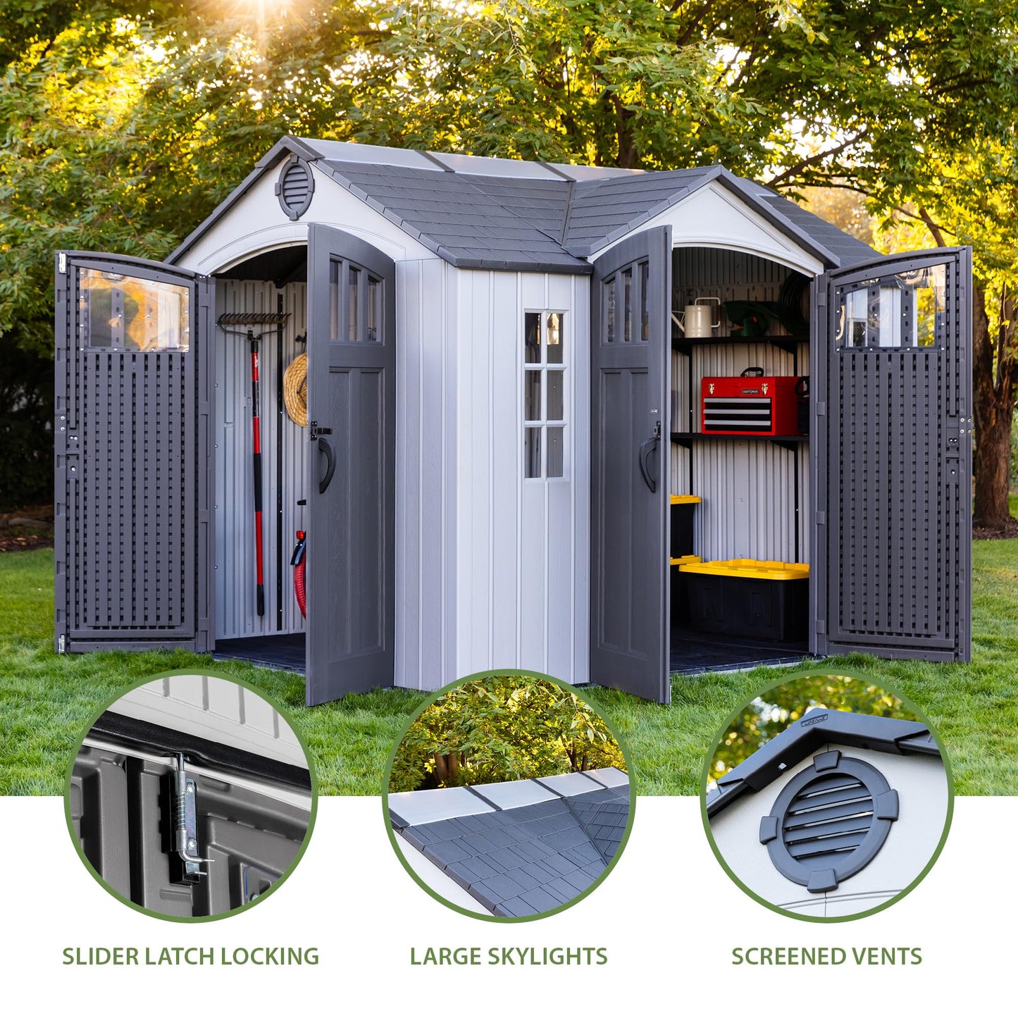 Lifetime Dual Entry Outdoor Storage Shed, 10x8 Ft, Gray, Resin Tool Shed with Double Doors