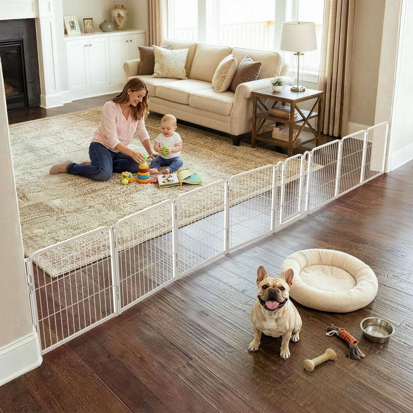 FXW Dog Gate Extra Wide Designed for Indoor Use, Adjustable Width Up to 183-inch Wide (24" H 8 Wire Panels for Puppies and Small Dogs), White